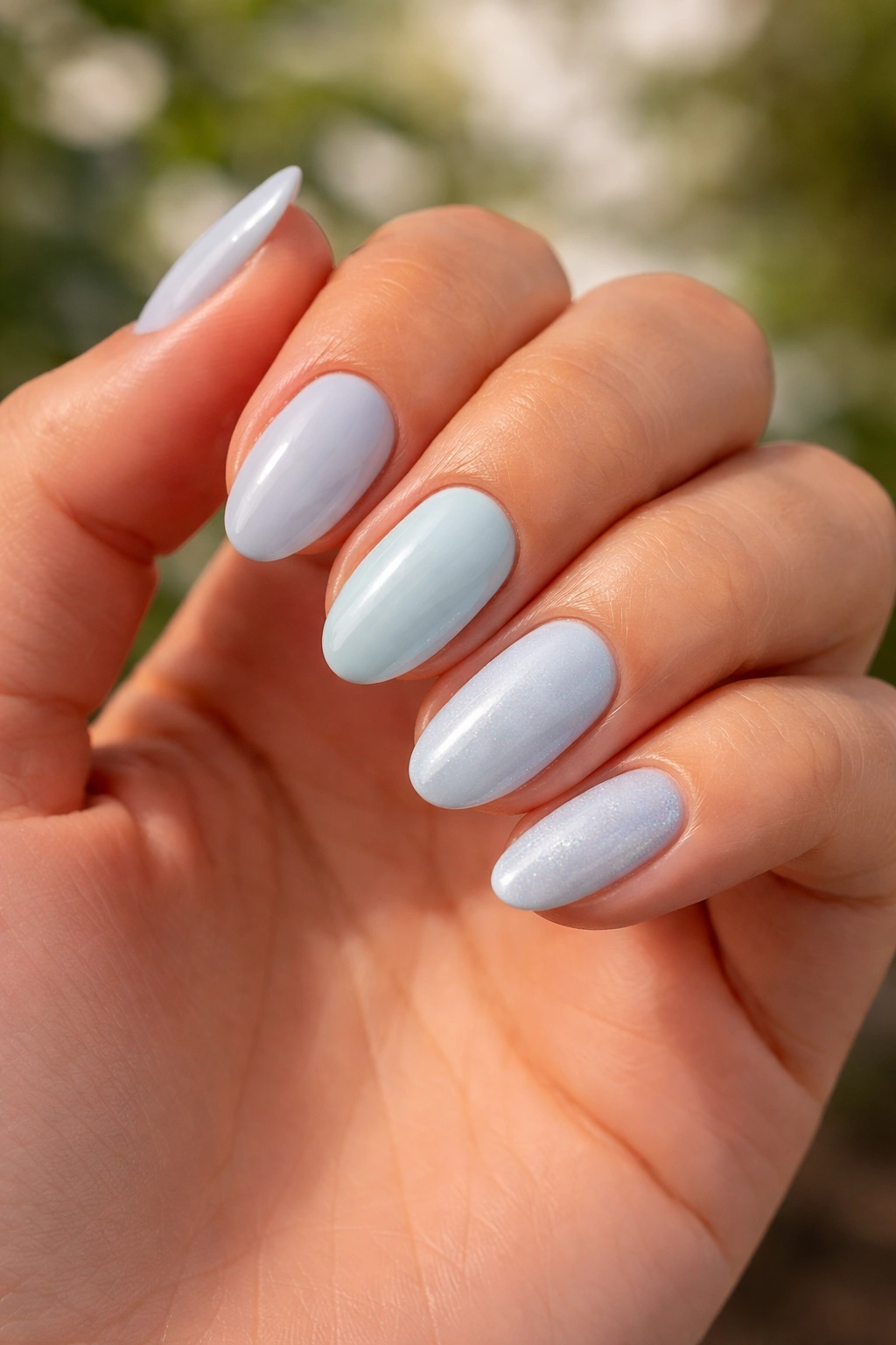 Close-up of hand with nails in varying light blue shades to show skin-tone friendly options