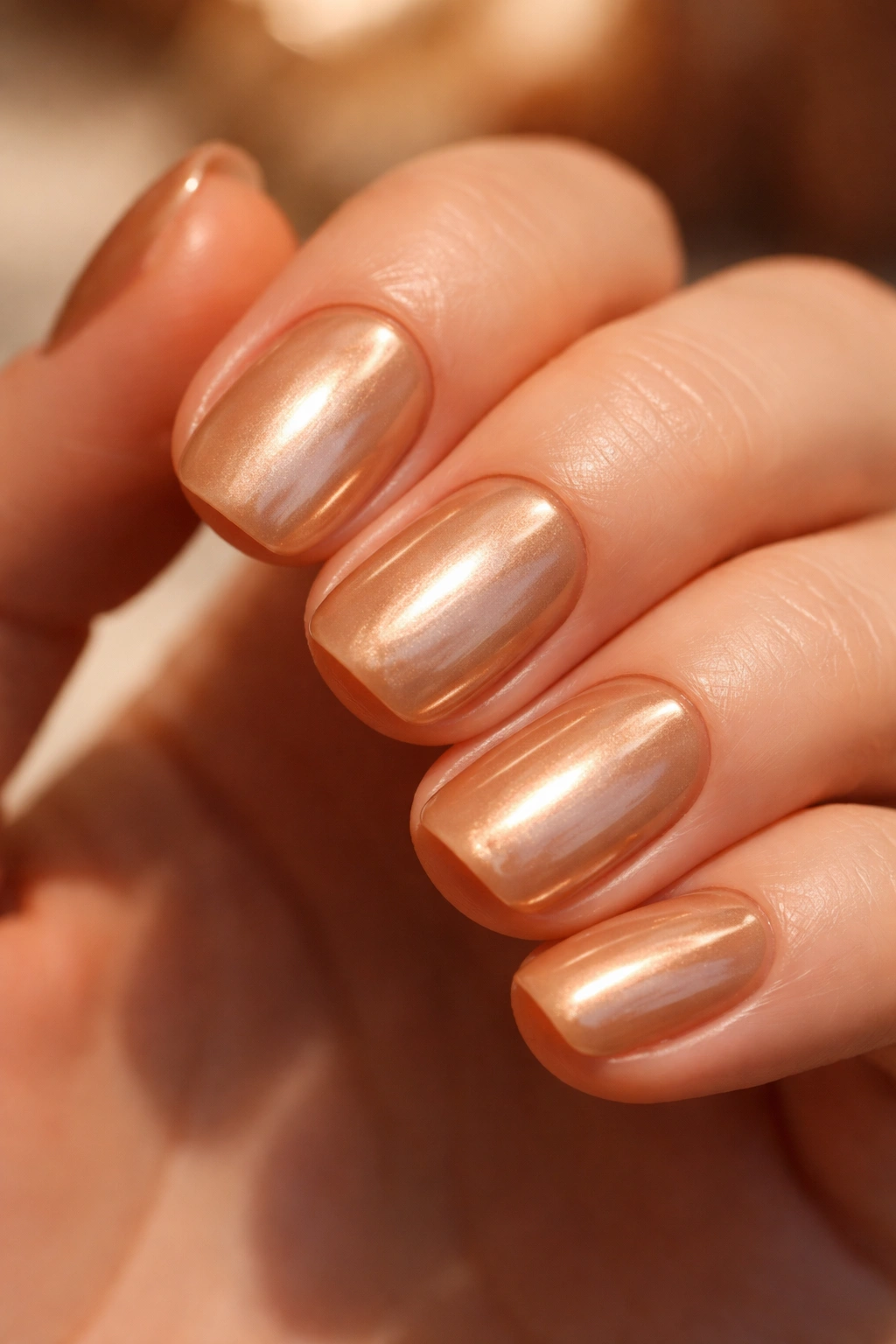 Close-up of short nails in light caramel beige chrome with soft glow