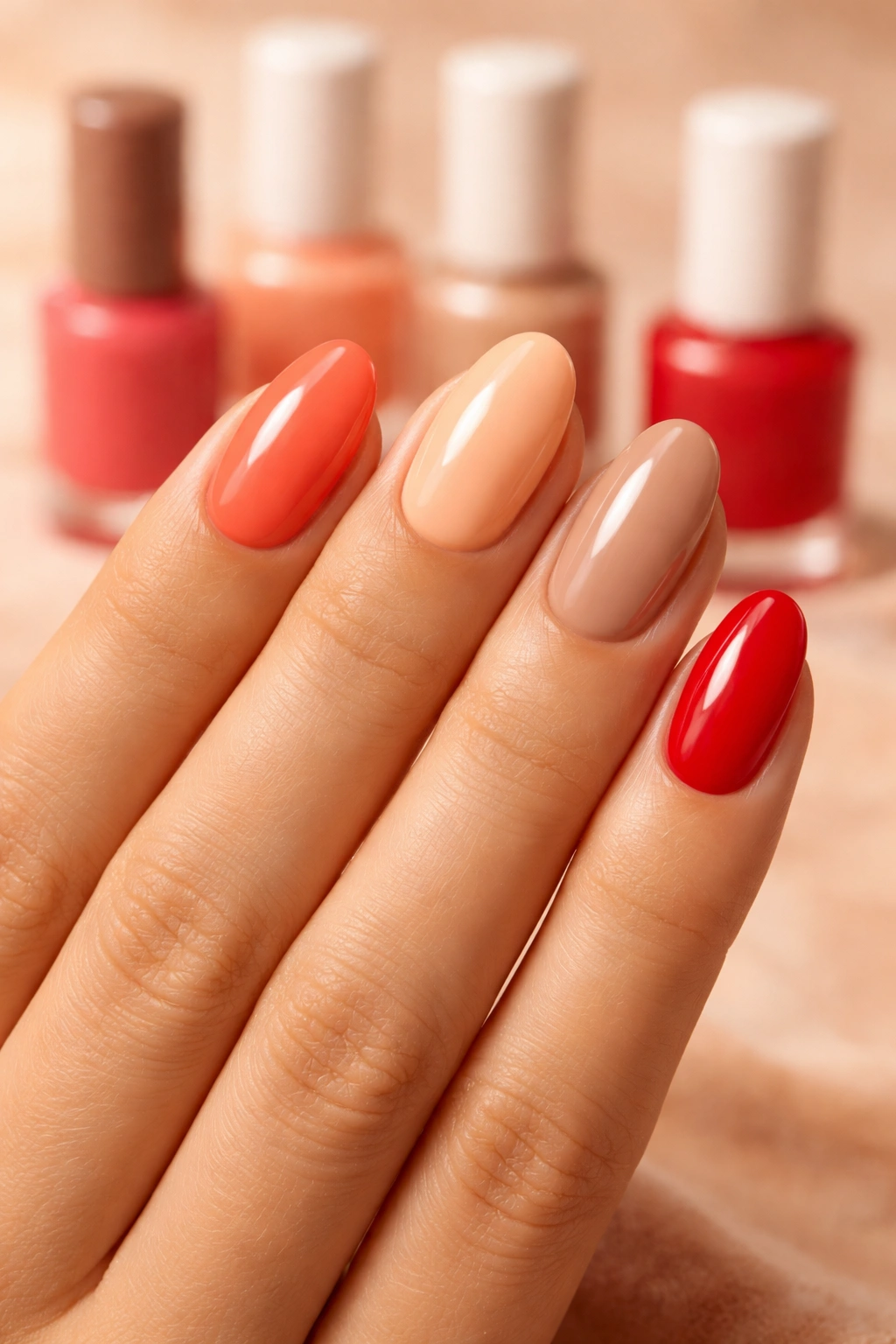 Hand showing coral, peach, nude and red nails suitable for light to medium skin