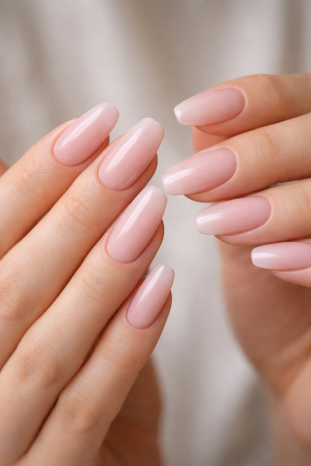 Close-up of hands with light pink ballerina nails showing a soft cool undertone