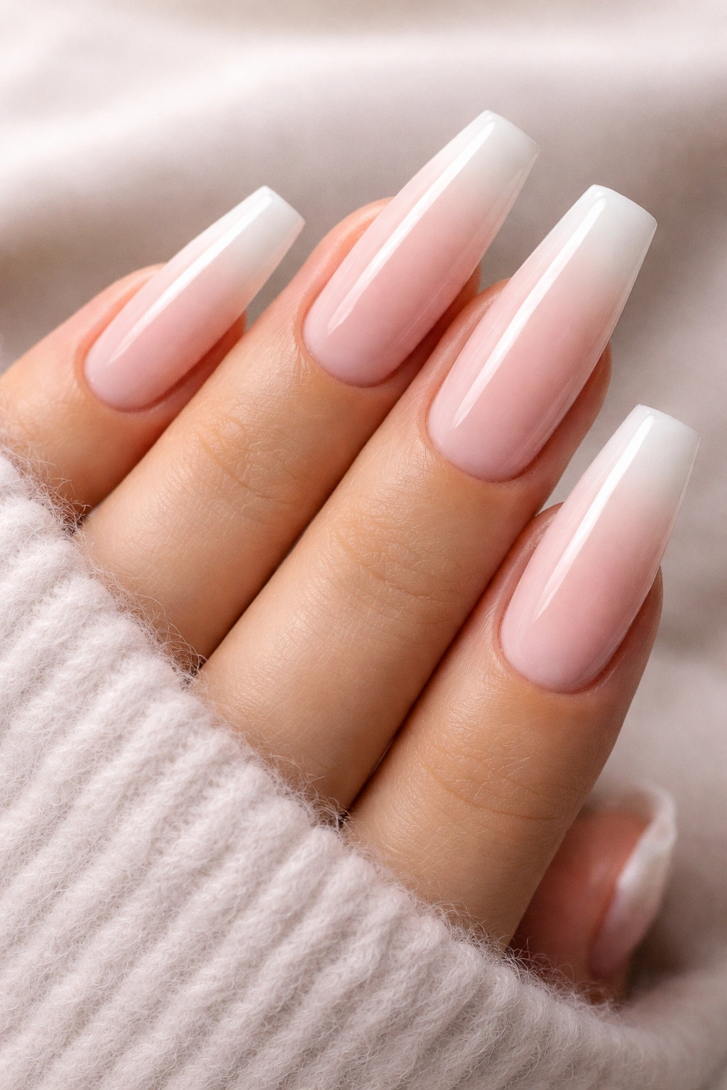 Close-up of light pink coffin nails with subtle ombre tips