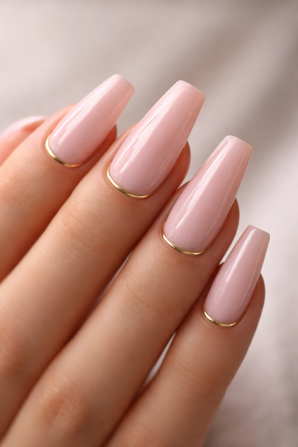 Light pink coffin nails with a thin gold band at the cuticle
