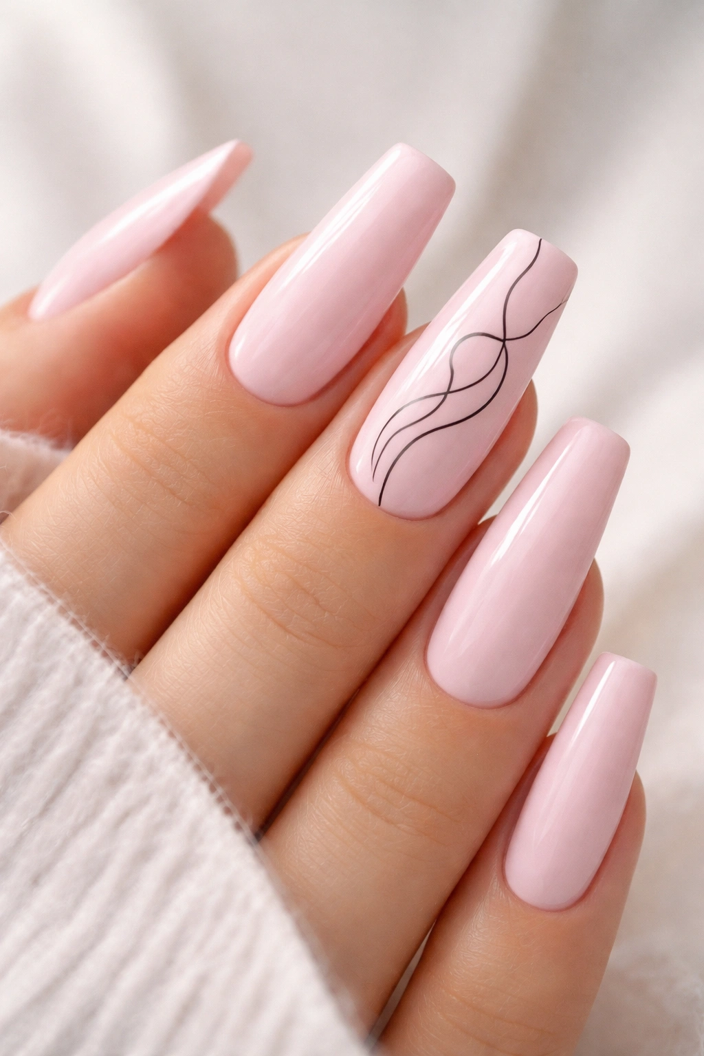 Coffin nails with minimalist line art on a pink base