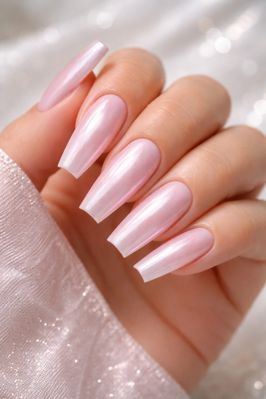 Light pink coffin nails with pearlescent finish