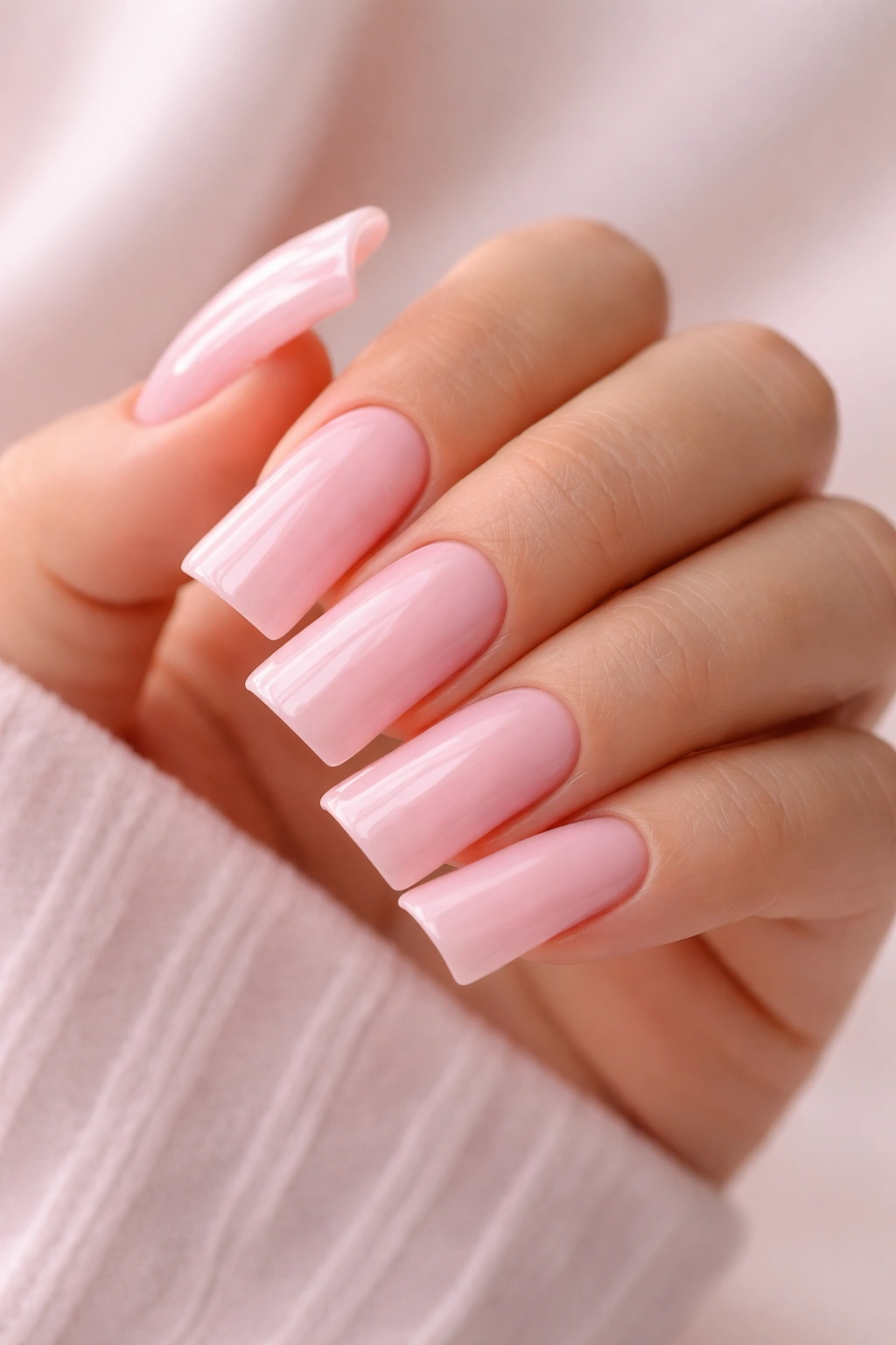 Close-up of light pink duck nails on a hand with curved tips, photorealistic manicure