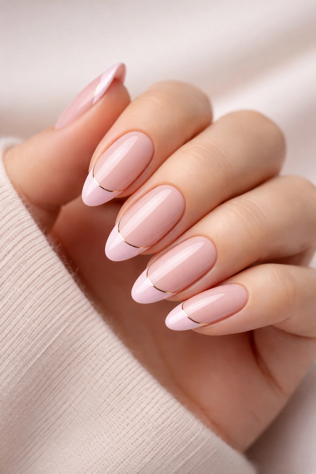 Close-up of light pink French manicure with gold pinstripe