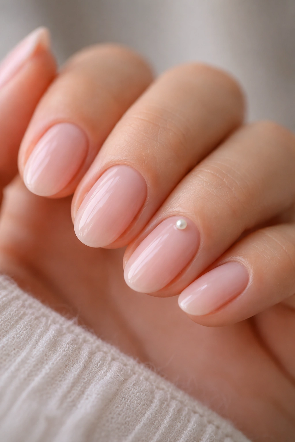 Short almond nail in light pink with tiny pearl accent near cuticle