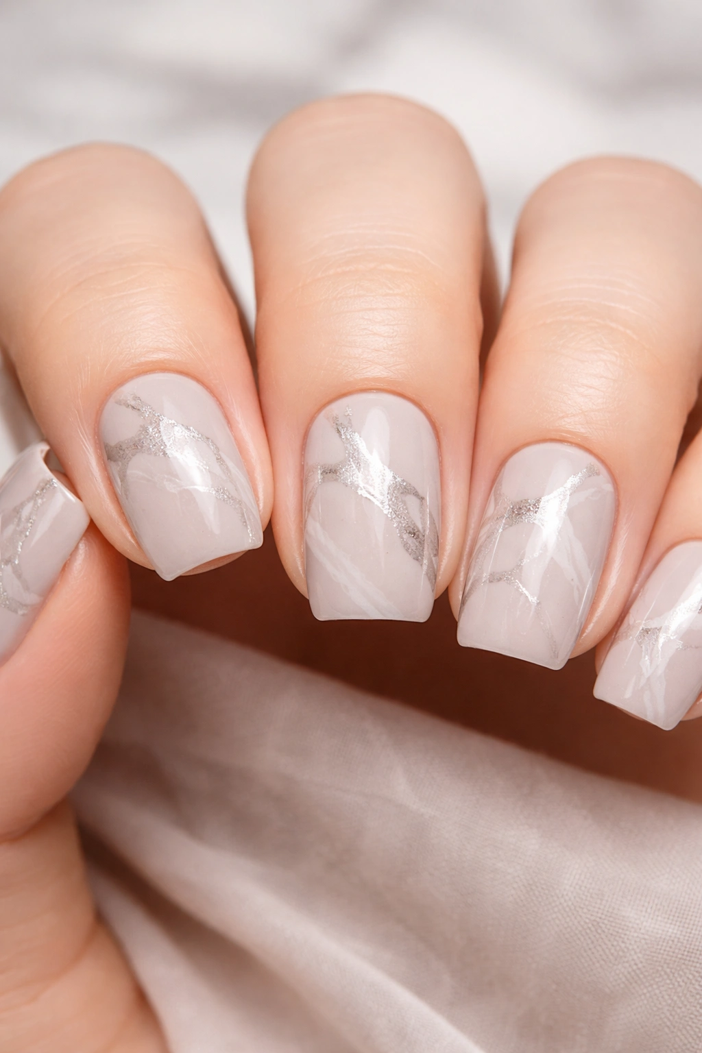 Close-up of taupe nails with white marble veining