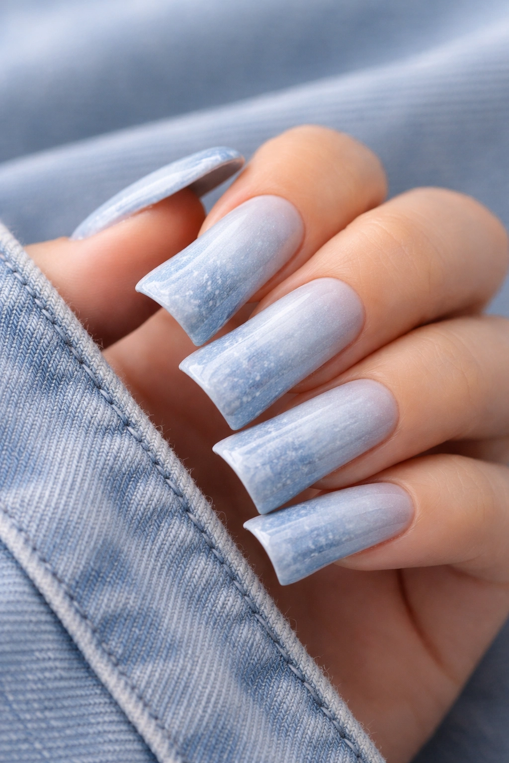 Close-up of elongated duck nails in a light wash denim shade with white wear streaks