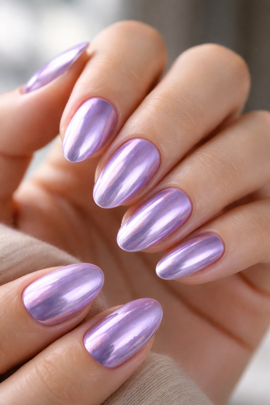 Short almond nails with lilac chrome metallic finish