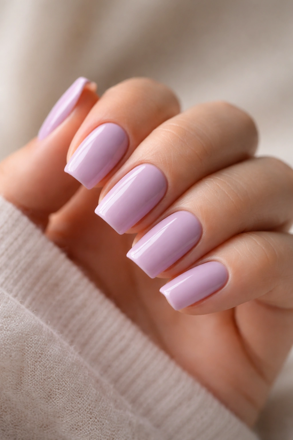 Short lilac cream nails with flat tips on a neat hand