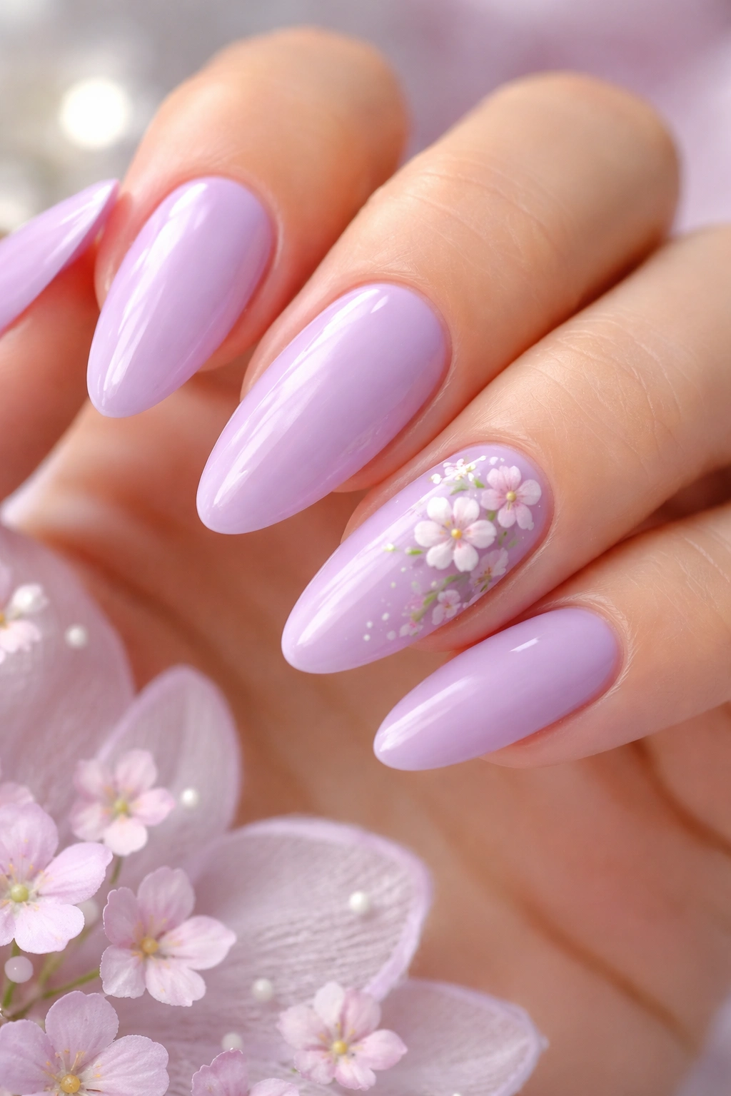 Lilac nails with delicate floral details