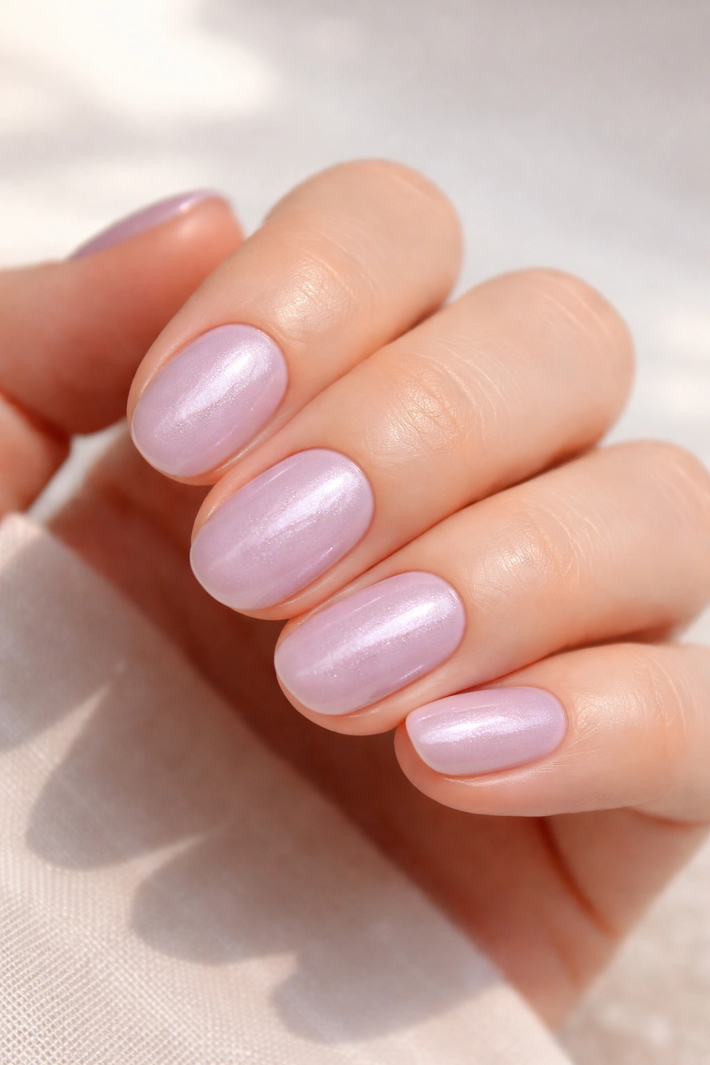Close-up of short oval nails with lilac glaze and pearl sheen