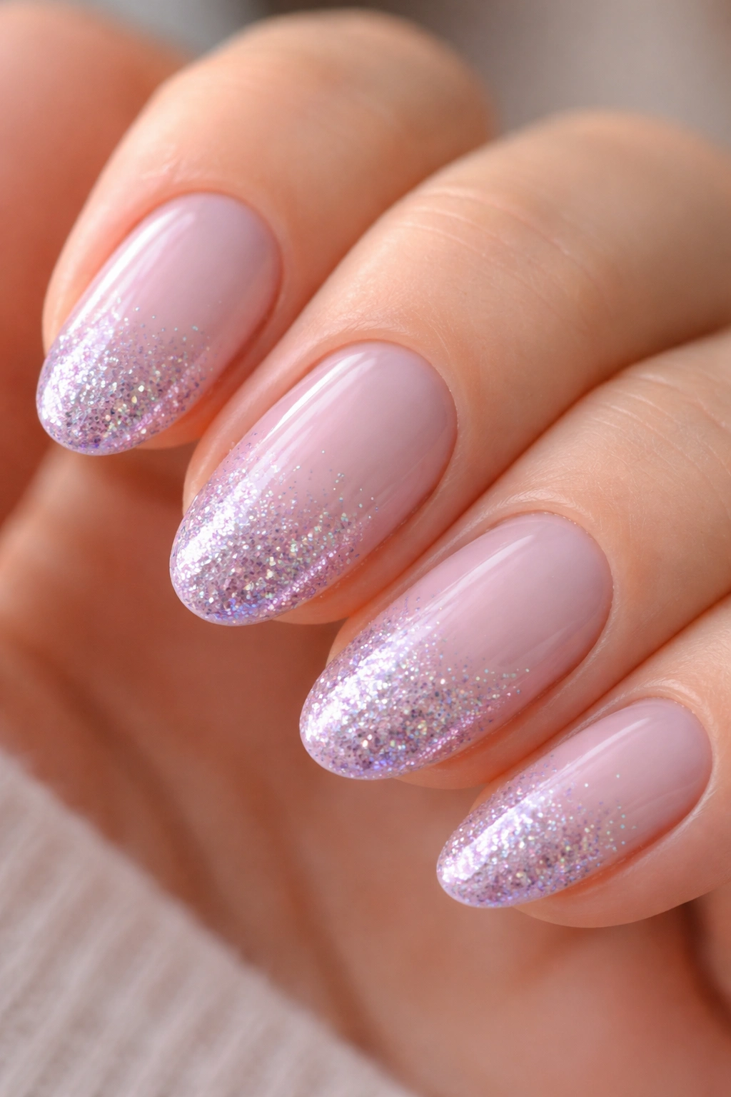 Close-up of a short almond nail with a sheer lilac base and glittery tip