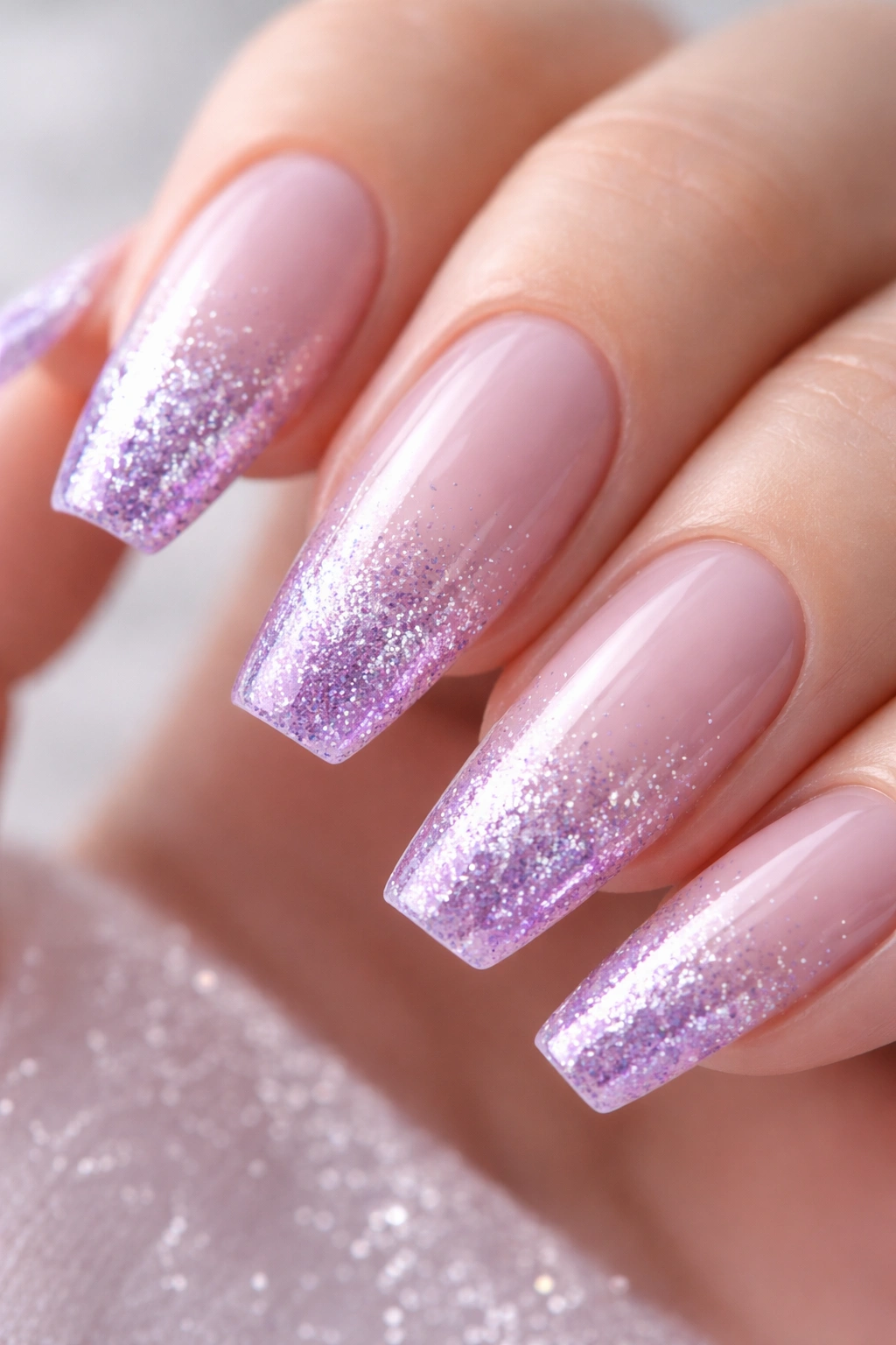 Lilac nails with tip-to-middle glitter fade and sheer base
