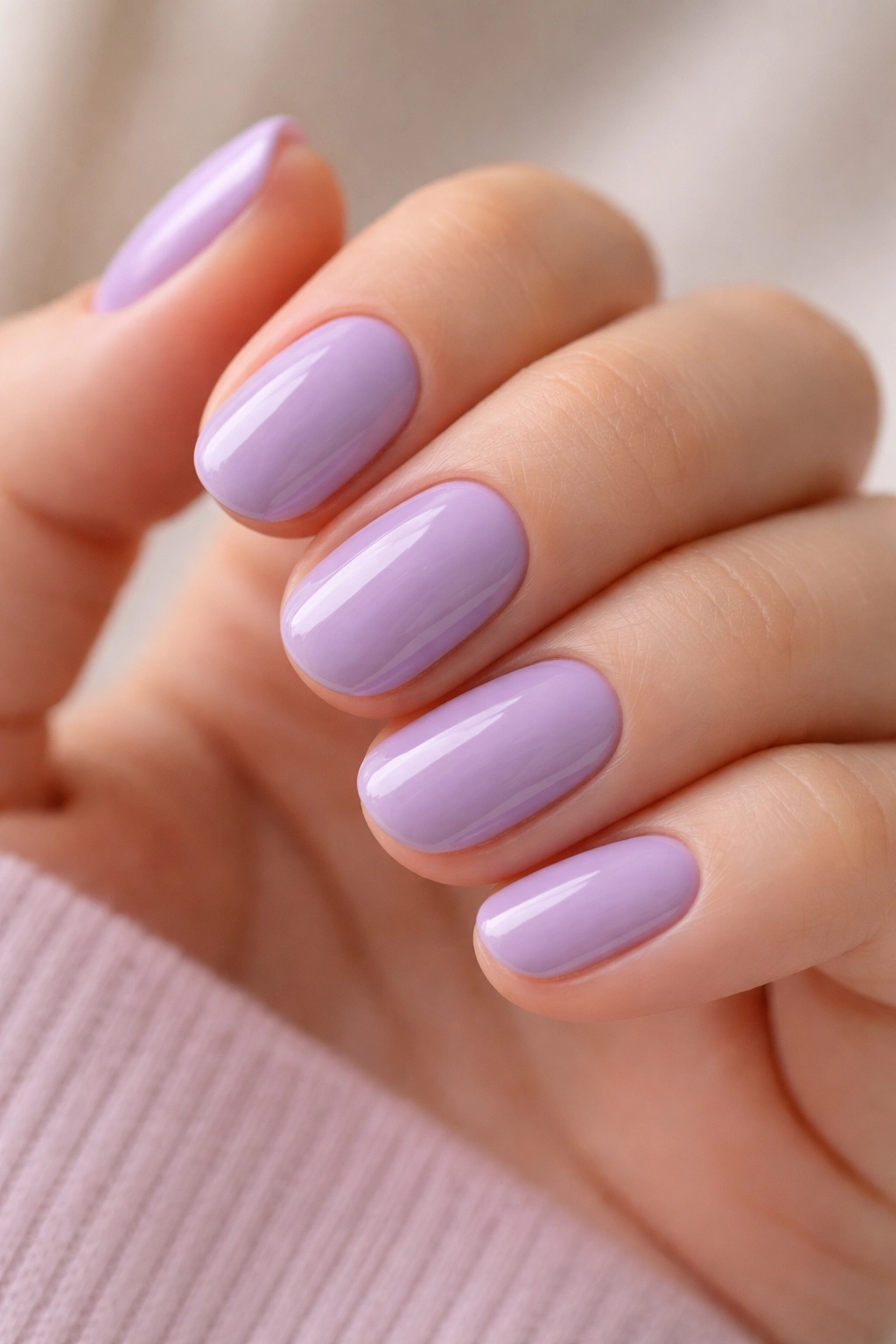 Close-up of short oval nails with glossy lilac finish on hand