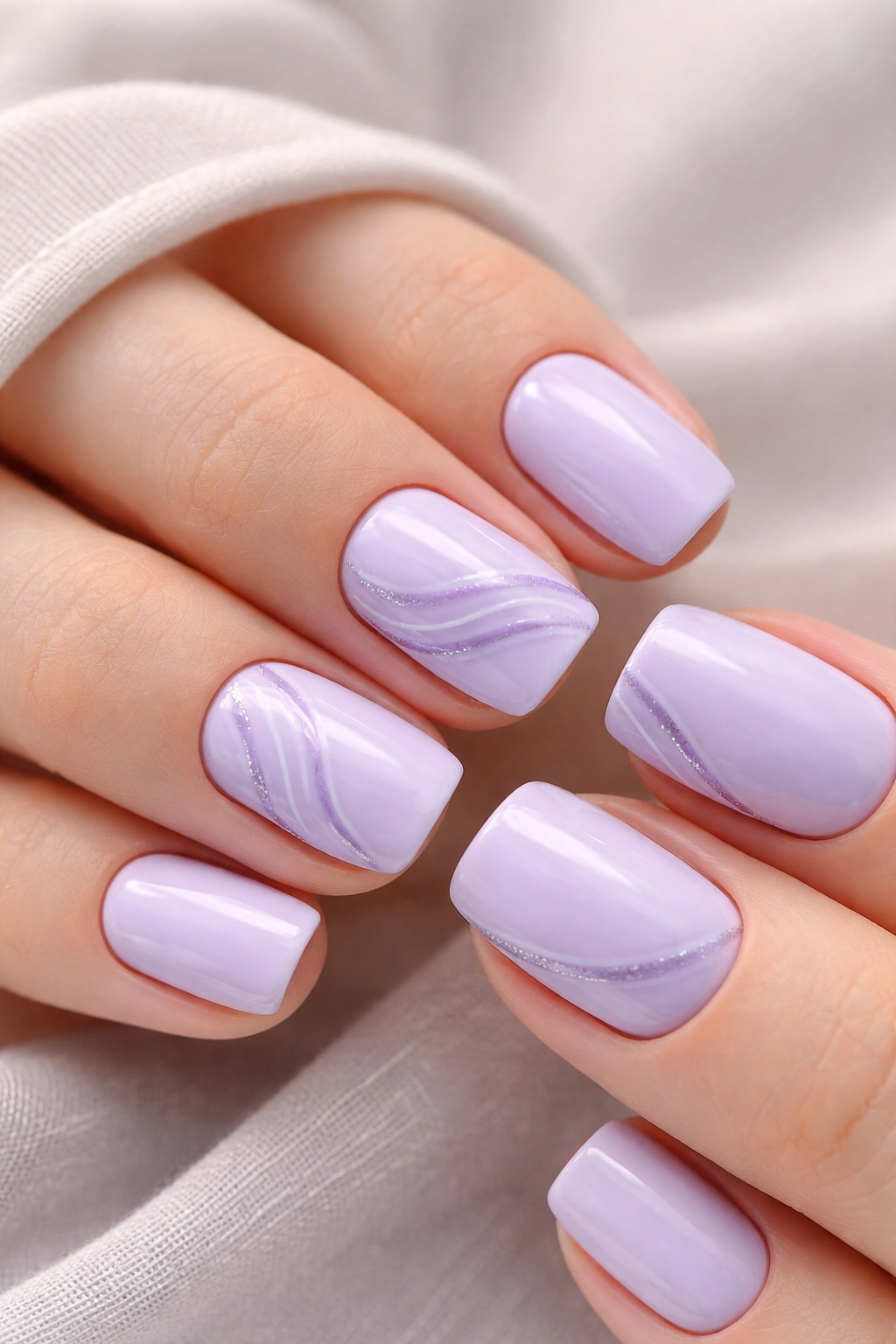 Soft lilac nails with lavender accents on short squoval nails
