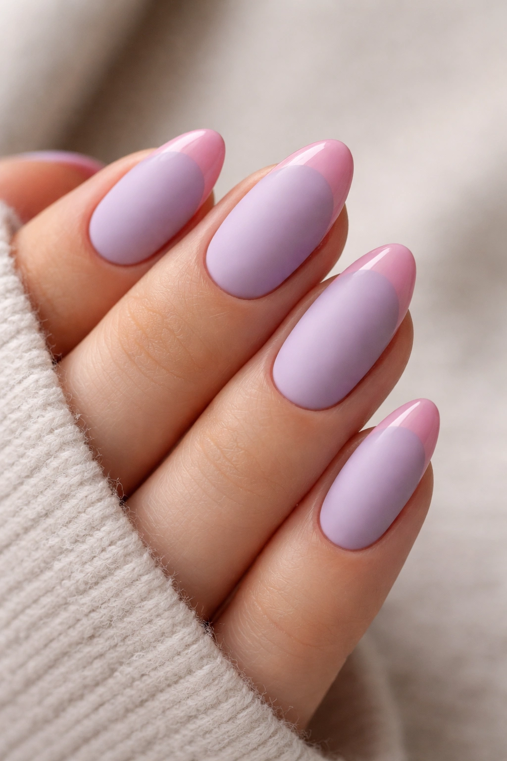 Matte lilac nails with pink glossy tips on short almonds