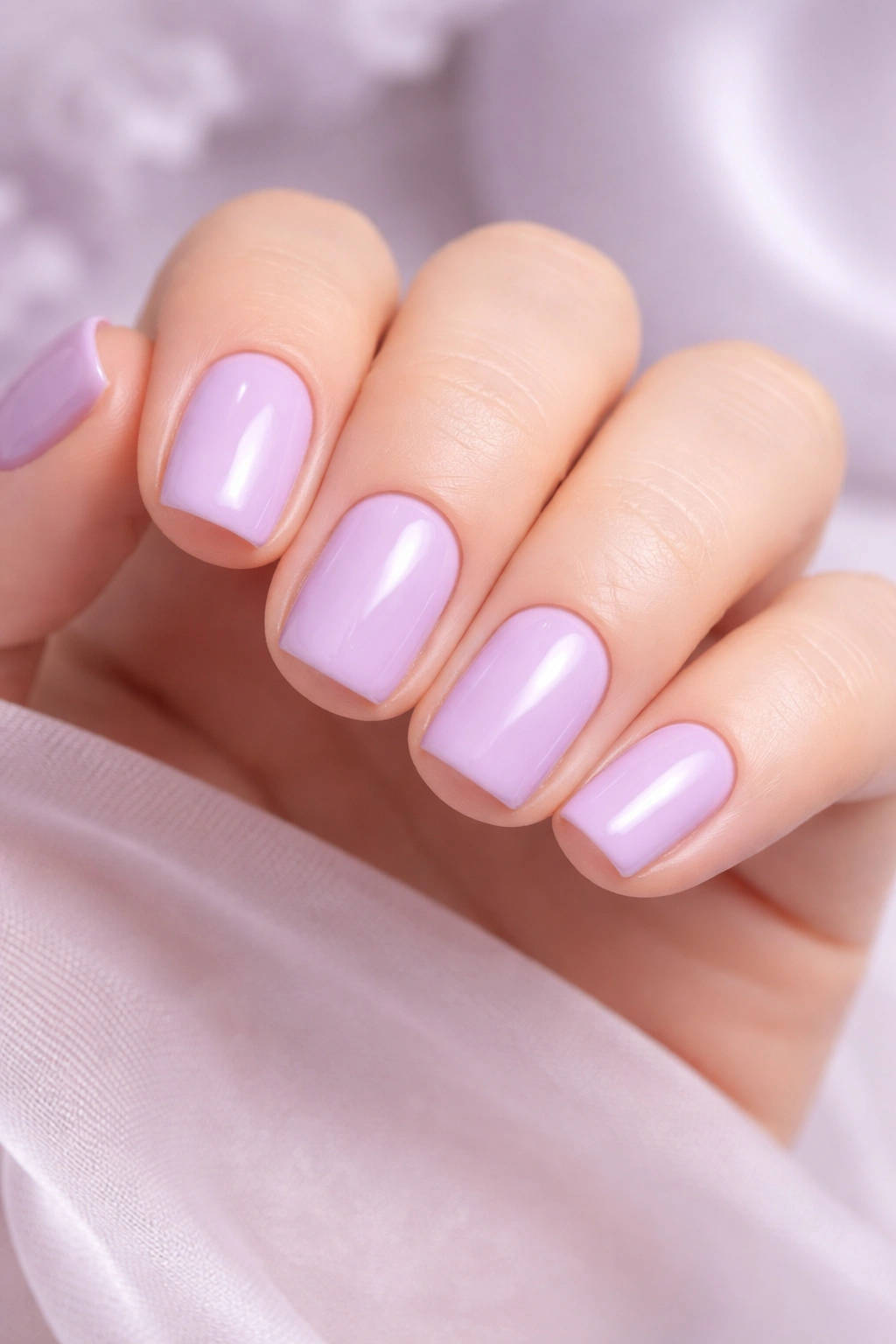 Close-up of lilac pastel dip powder nails on short natural nails