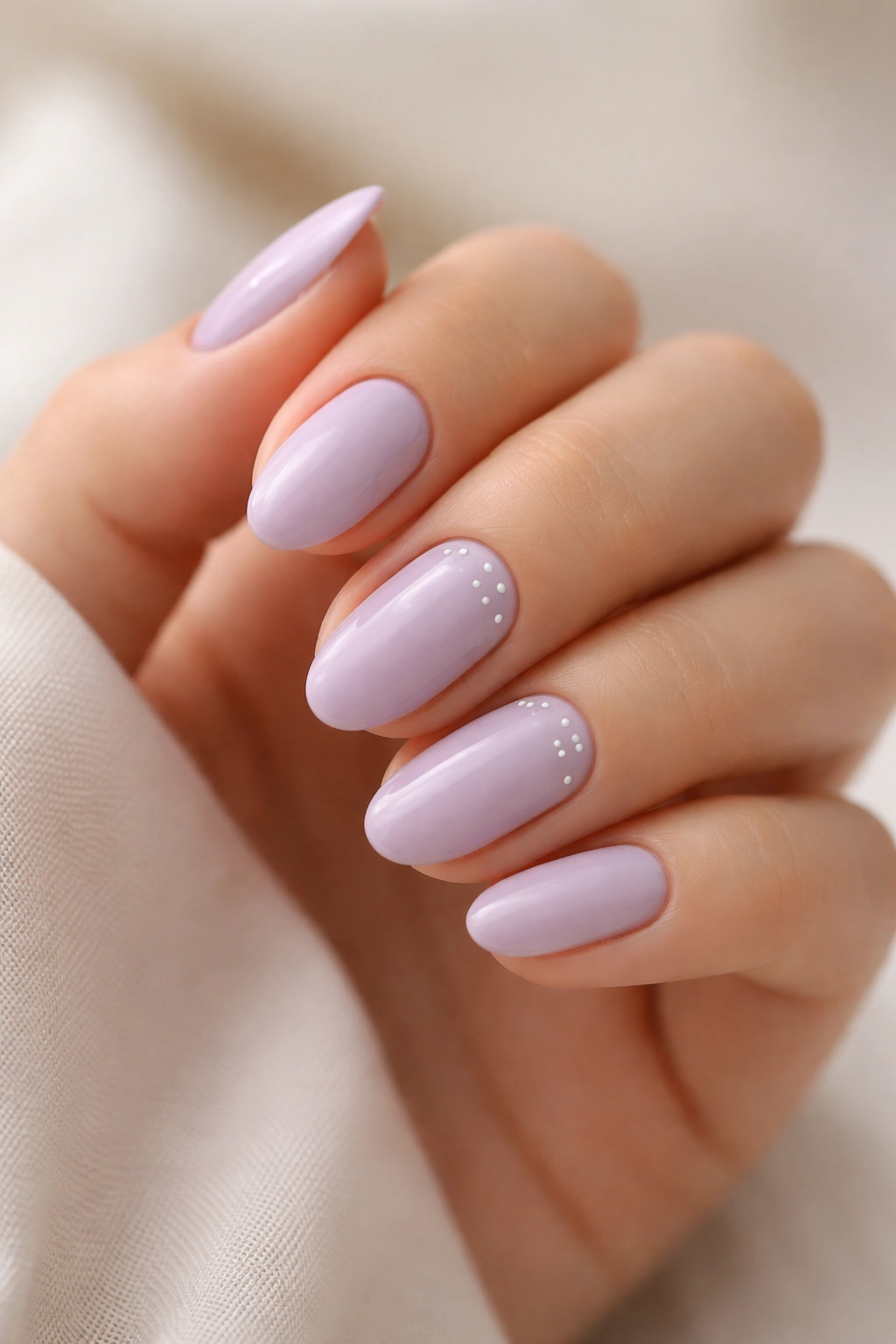 Lilac short almond nails with tiny white dots on accent nails