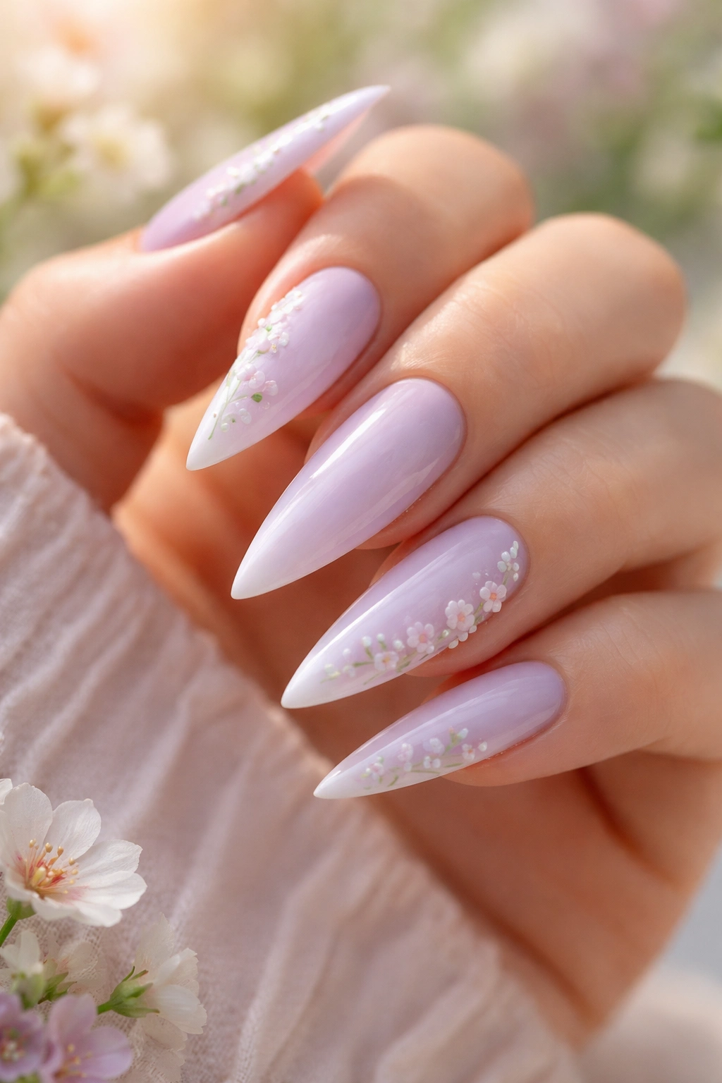 Close-up of soft lilac stiletto nails with delicate white florals and green stems
