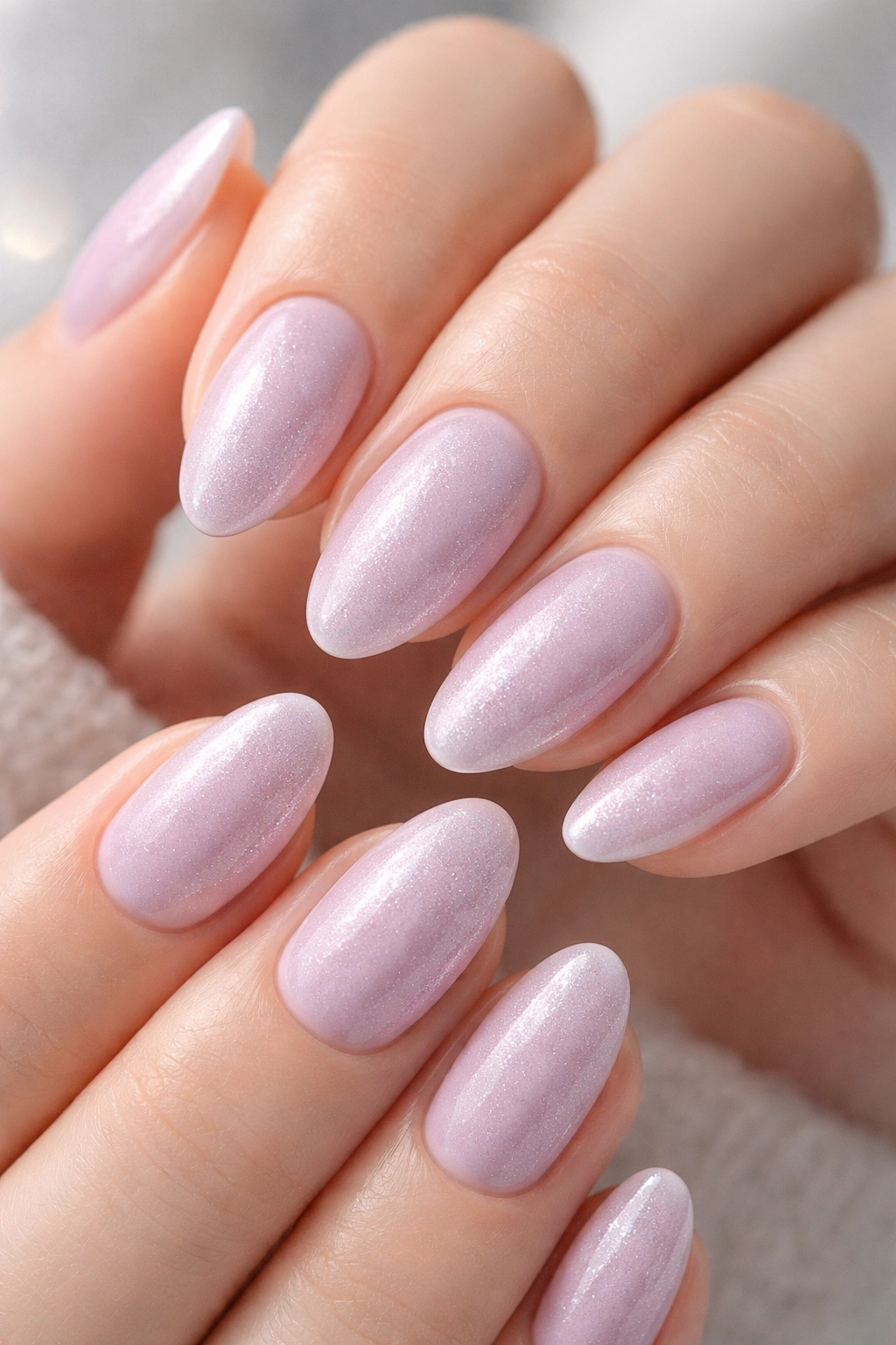 Close-up of short almond nails with frosted lilac and pearl shimmer