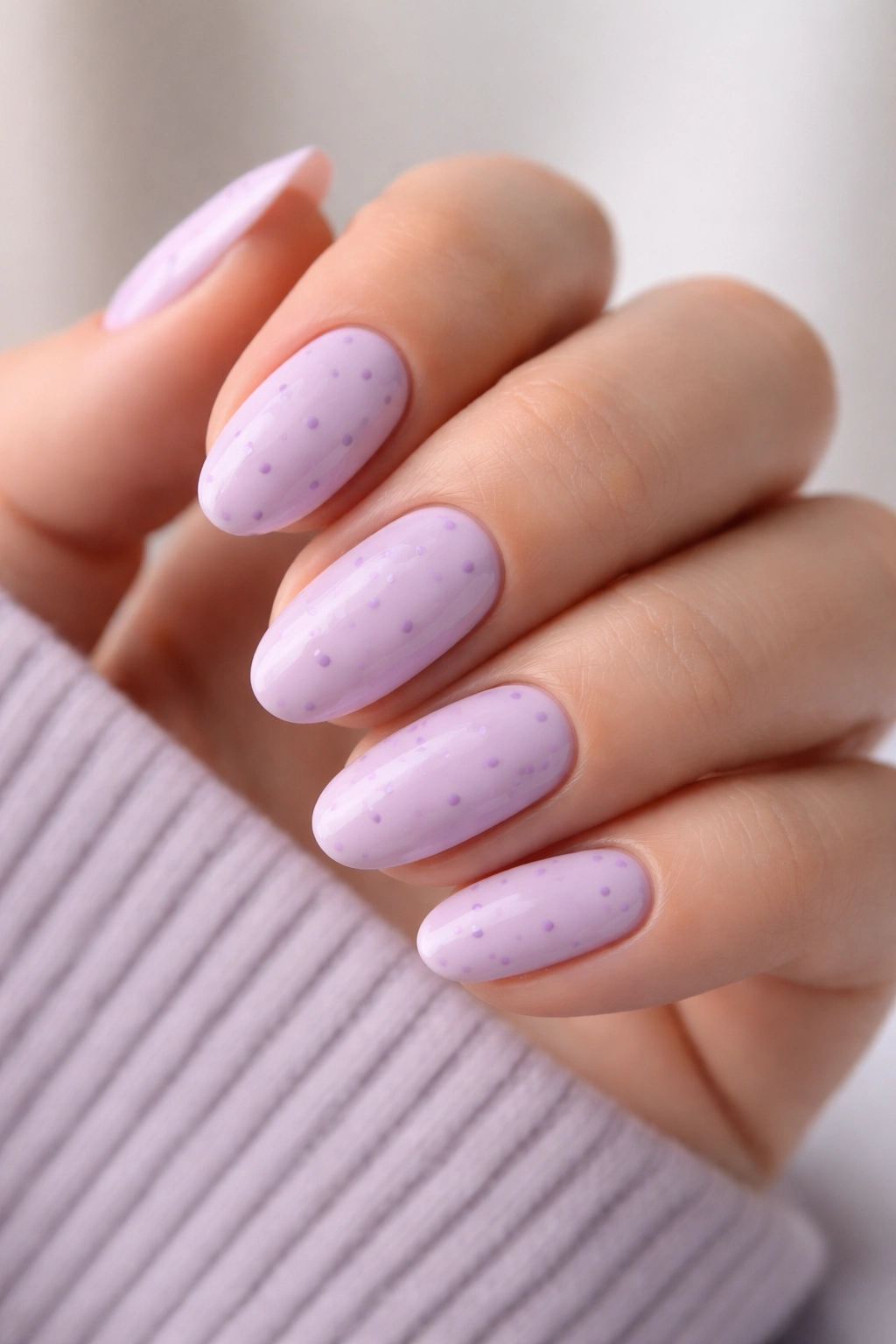 Close-up of short almond nails in pale lilac with tiny lavender dots
