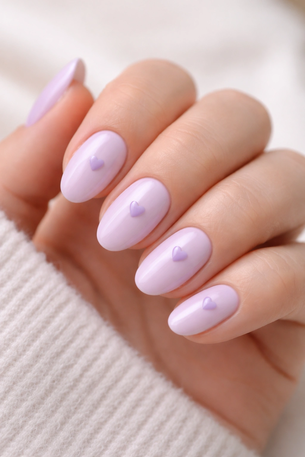 Close-up of short almond nails with pale lilac base and tiny heart motifs on each nail