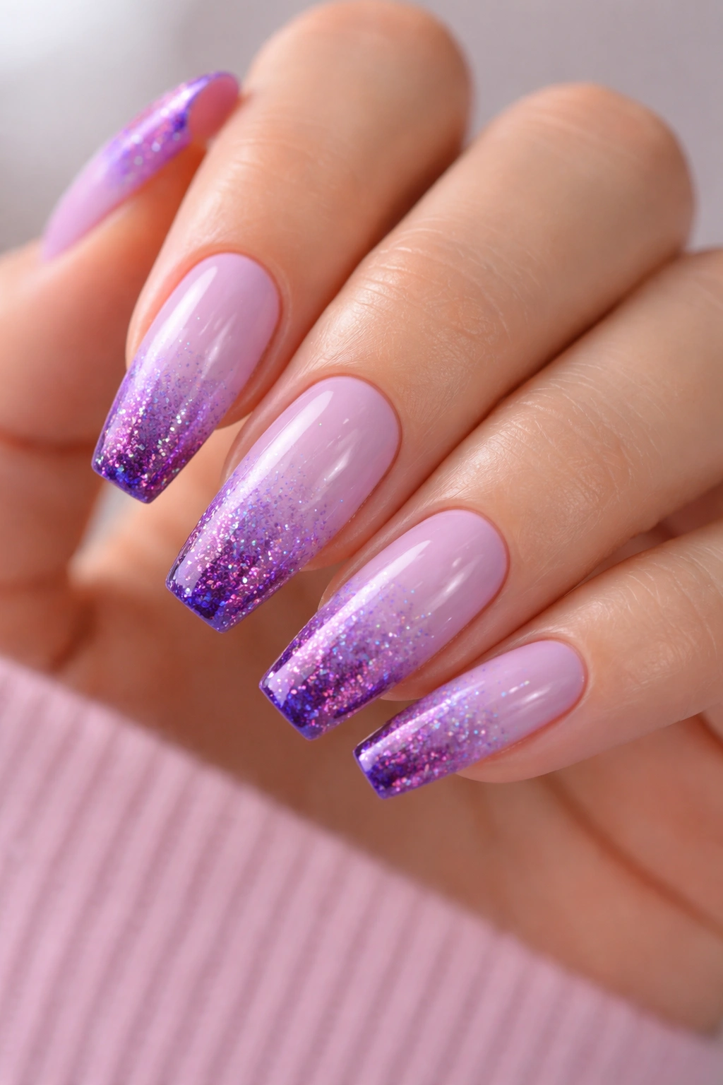 Close-up of lilac coffin nails with lilac-to-purple ombre and glitter at the tips