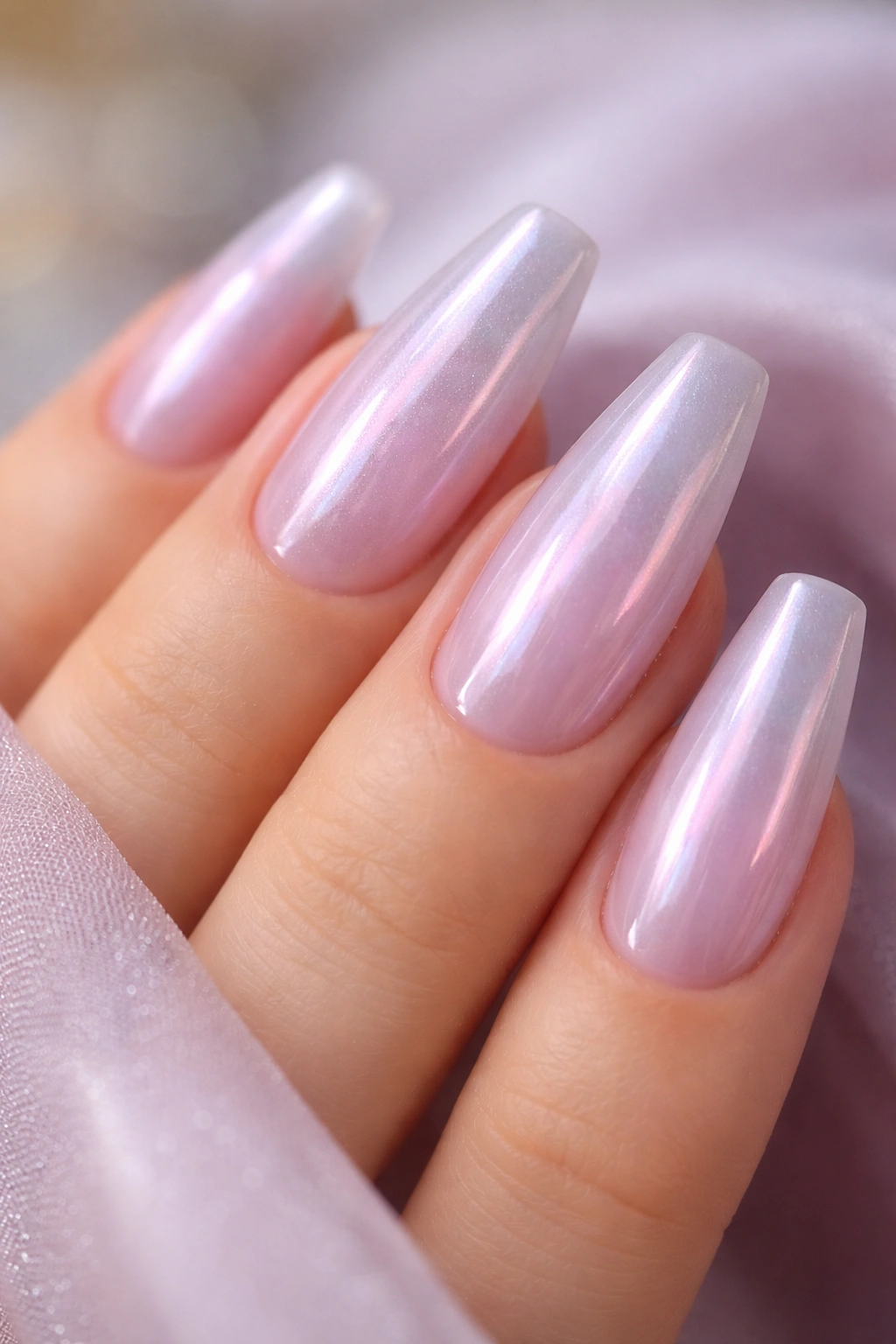 Lilac nails with a pearlescent glaze creating shifting lavender and pink reflections.