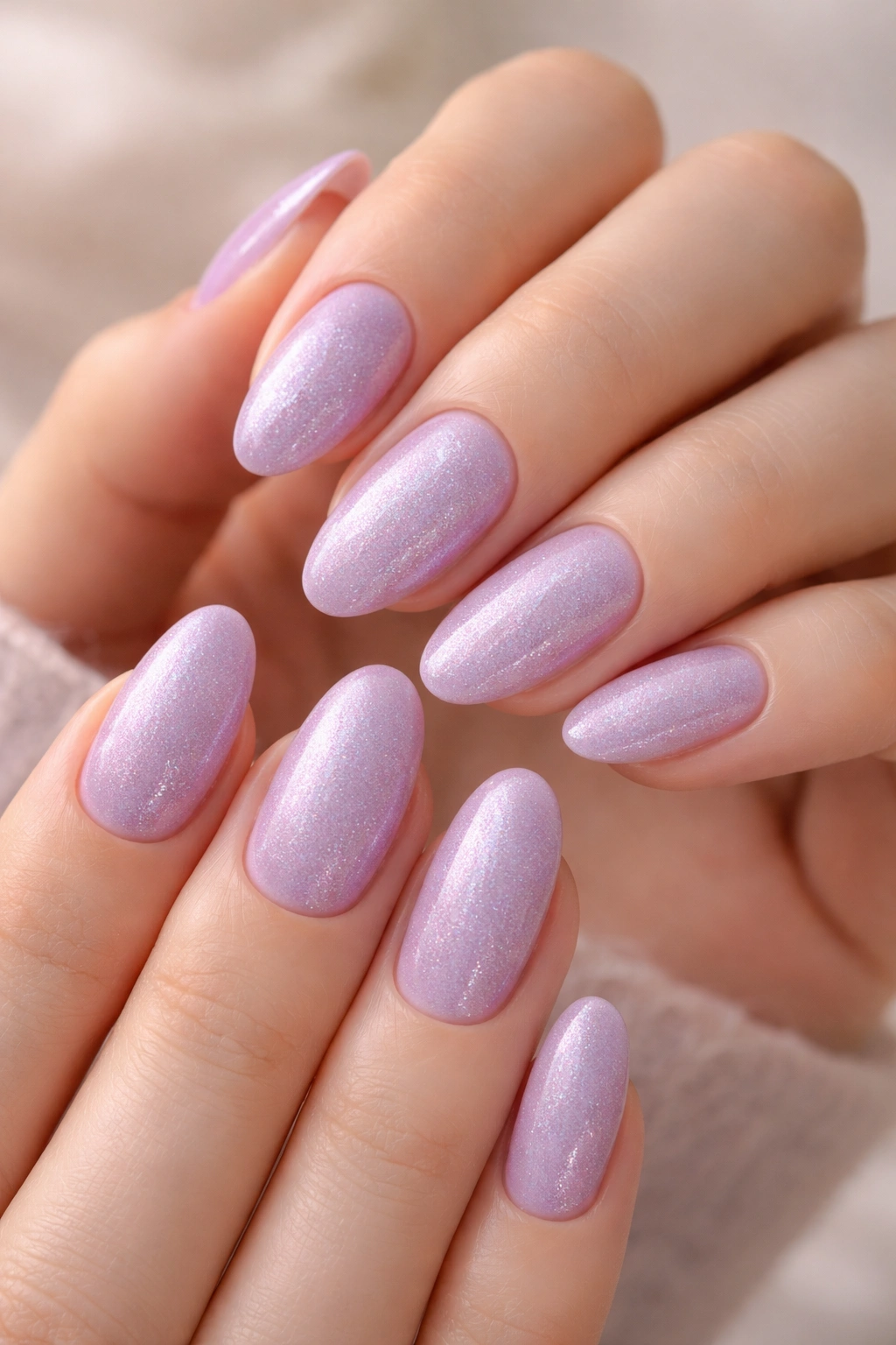 Close-up of hands with lilac shimmer nails showing soft purple with subtle sparkle