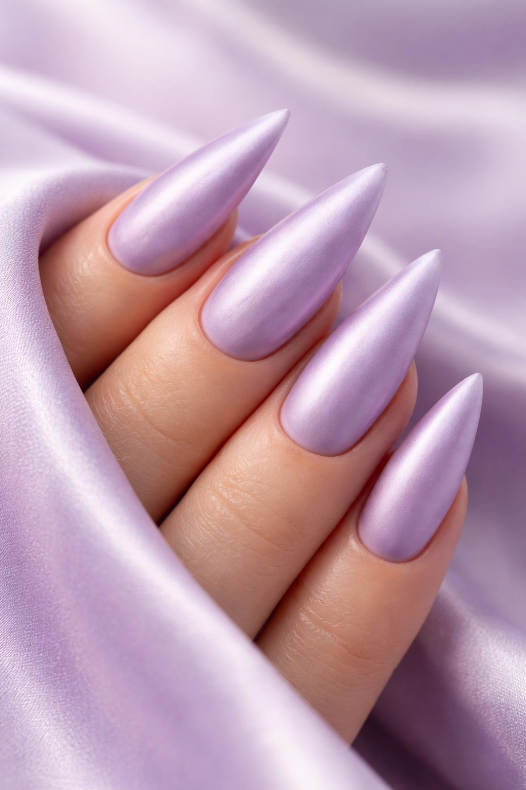 Lilac matte silk nails on medium stiletto nails with fabric-like texture