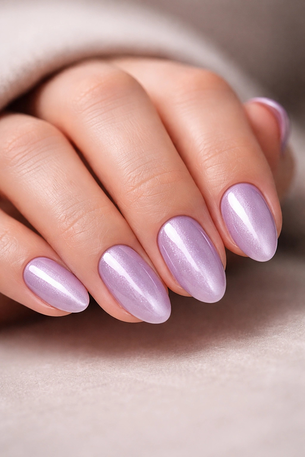 Close-up of short almond nails with lilac velvet cat-eye finish and a central light-reflecting stripe