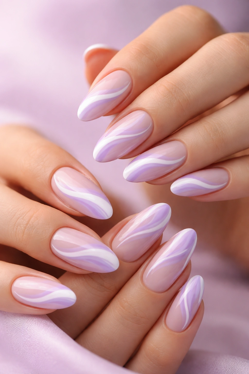 Lilac and white swirl almond nails with flowing swirls