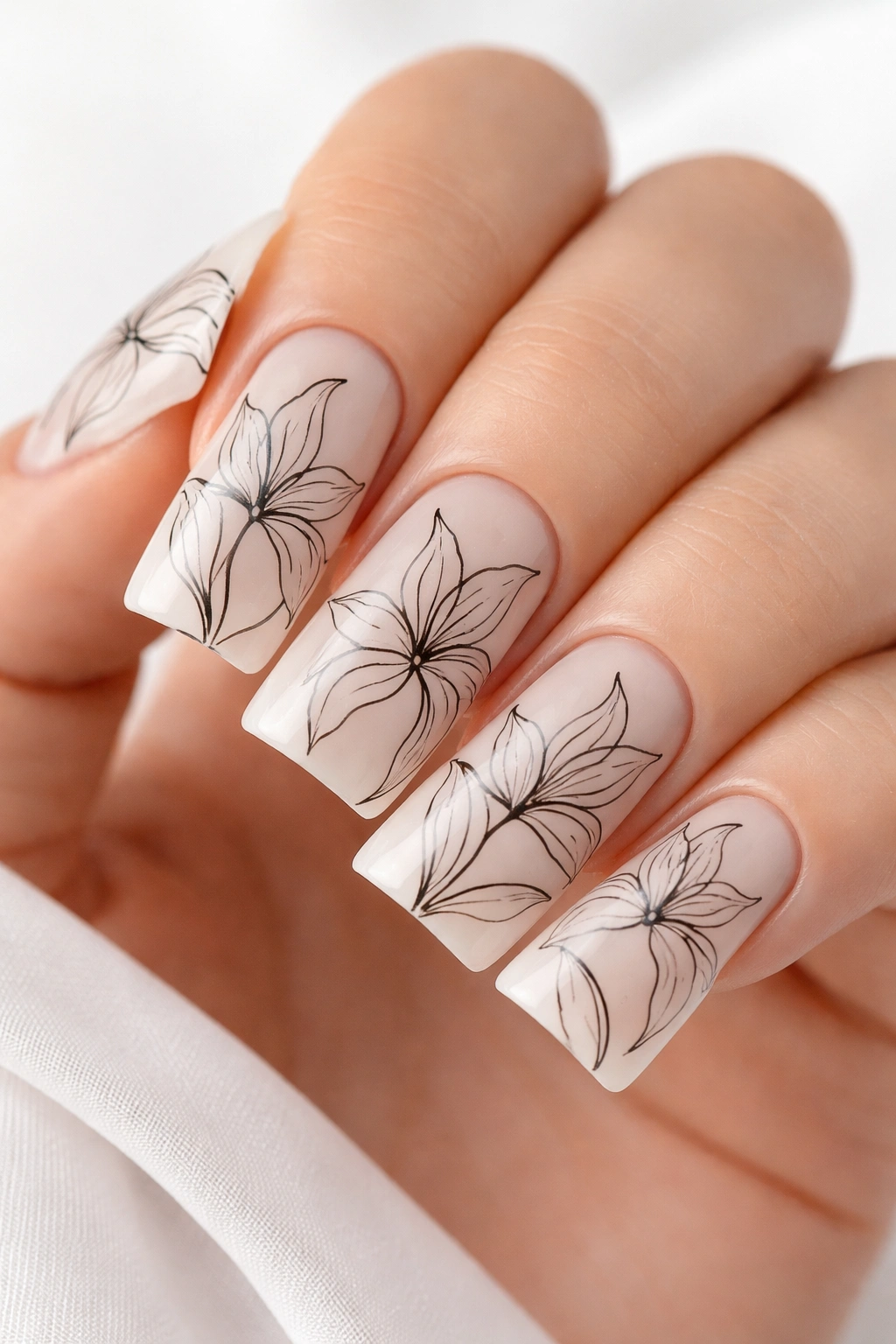 Nude duck nails with delicate black lily line art