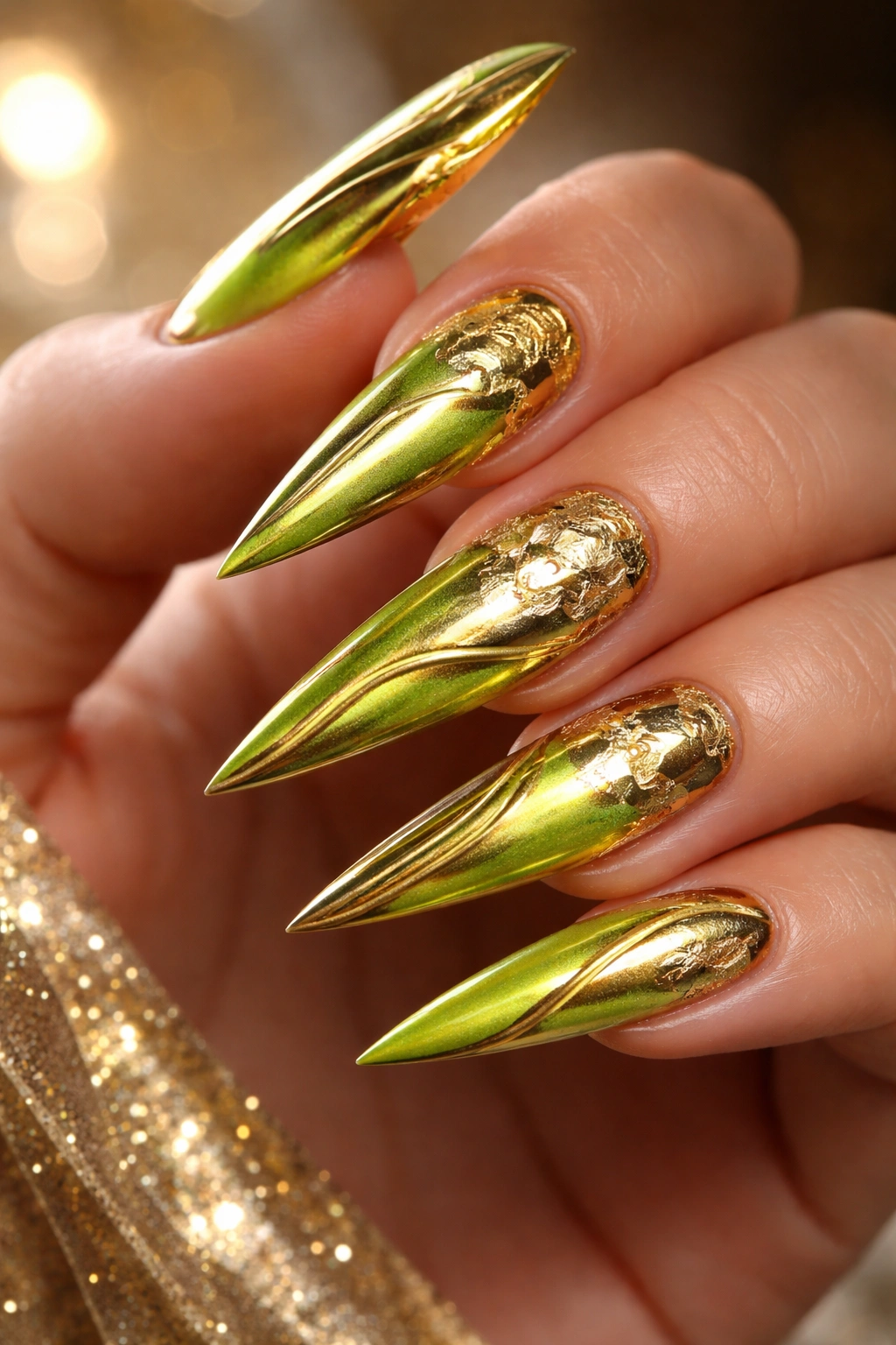 Lime nails with metallic gold accents and foil