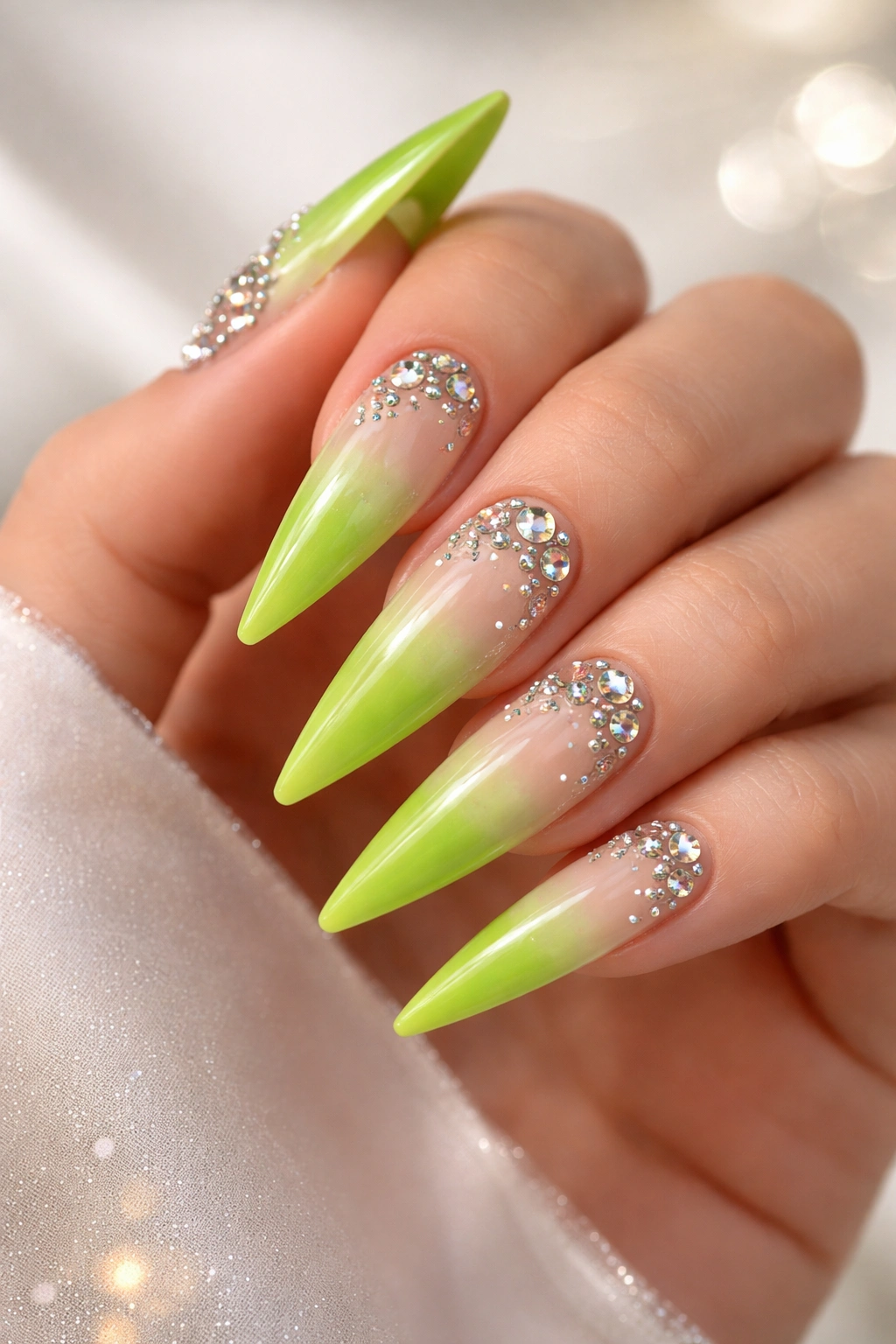 Lime green gradient nails with rhinestones close-up