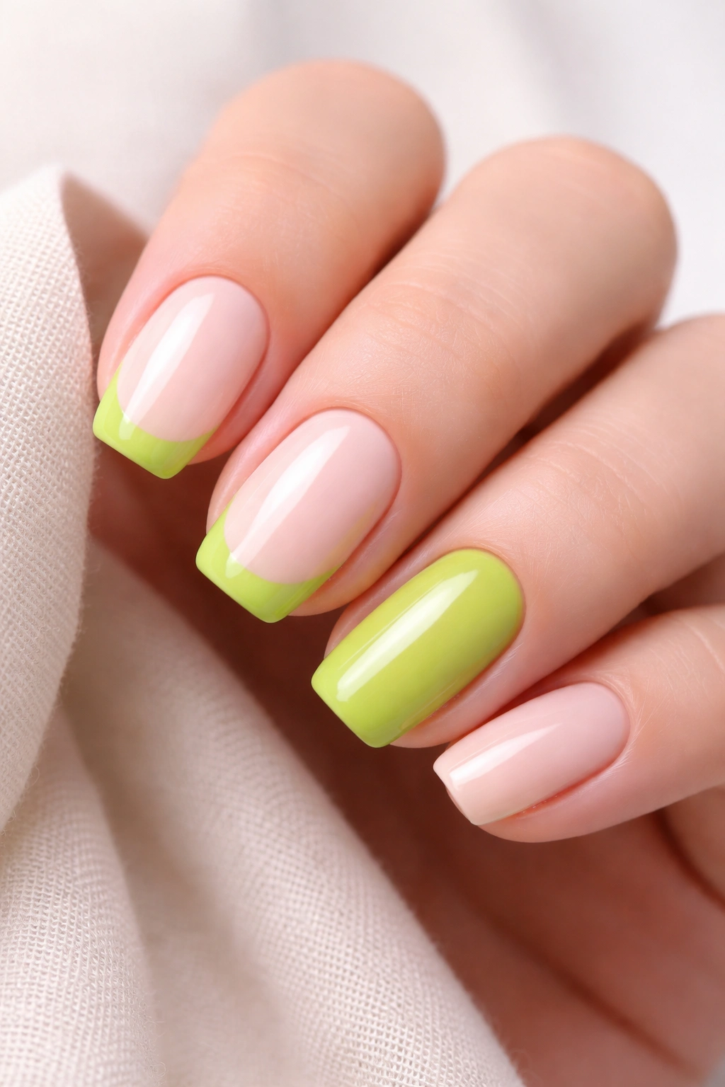 Close-up of lime green accents on beige nails with lime tips.