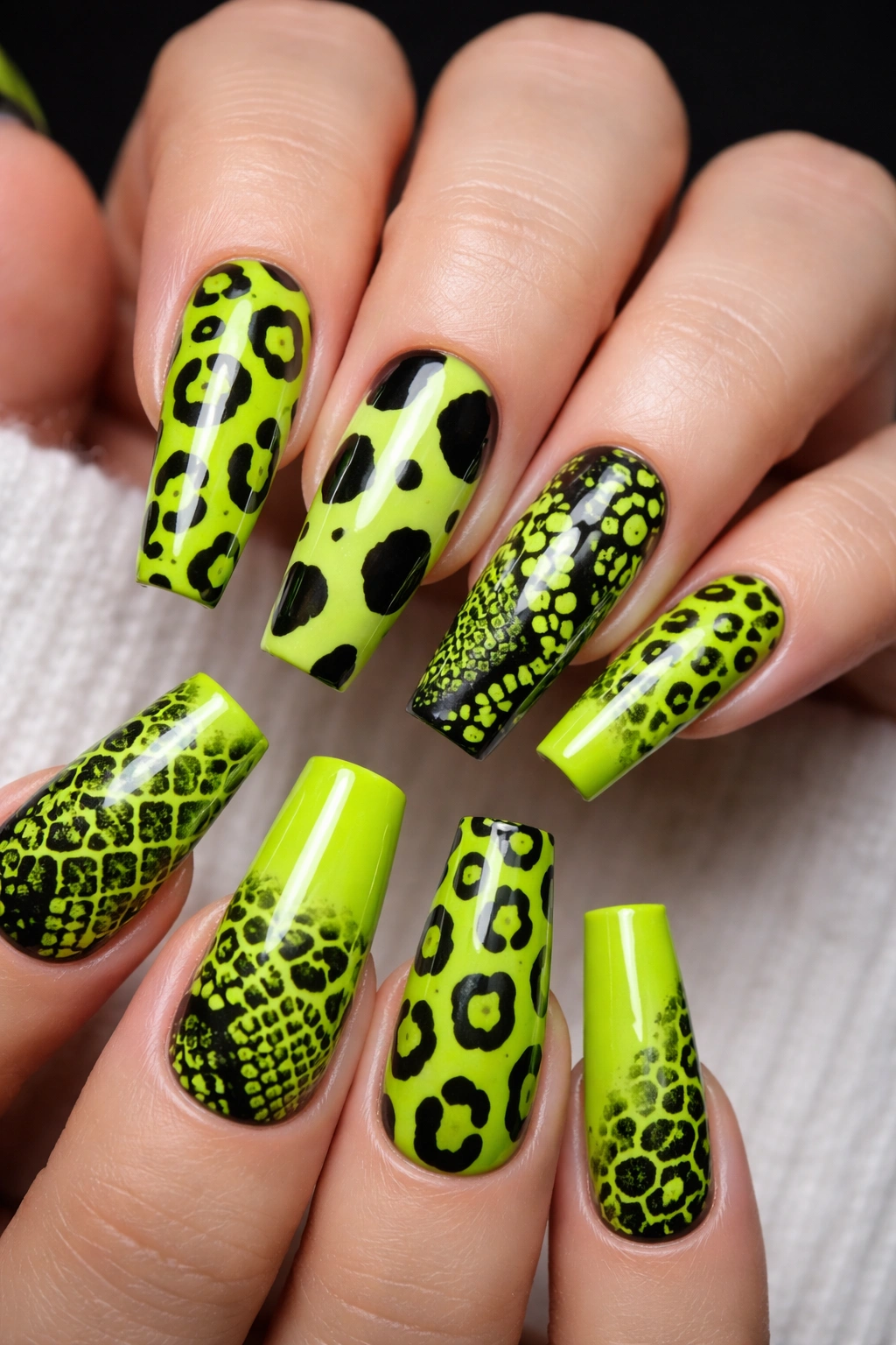 Lime green animal print nails on almond-shaped nails