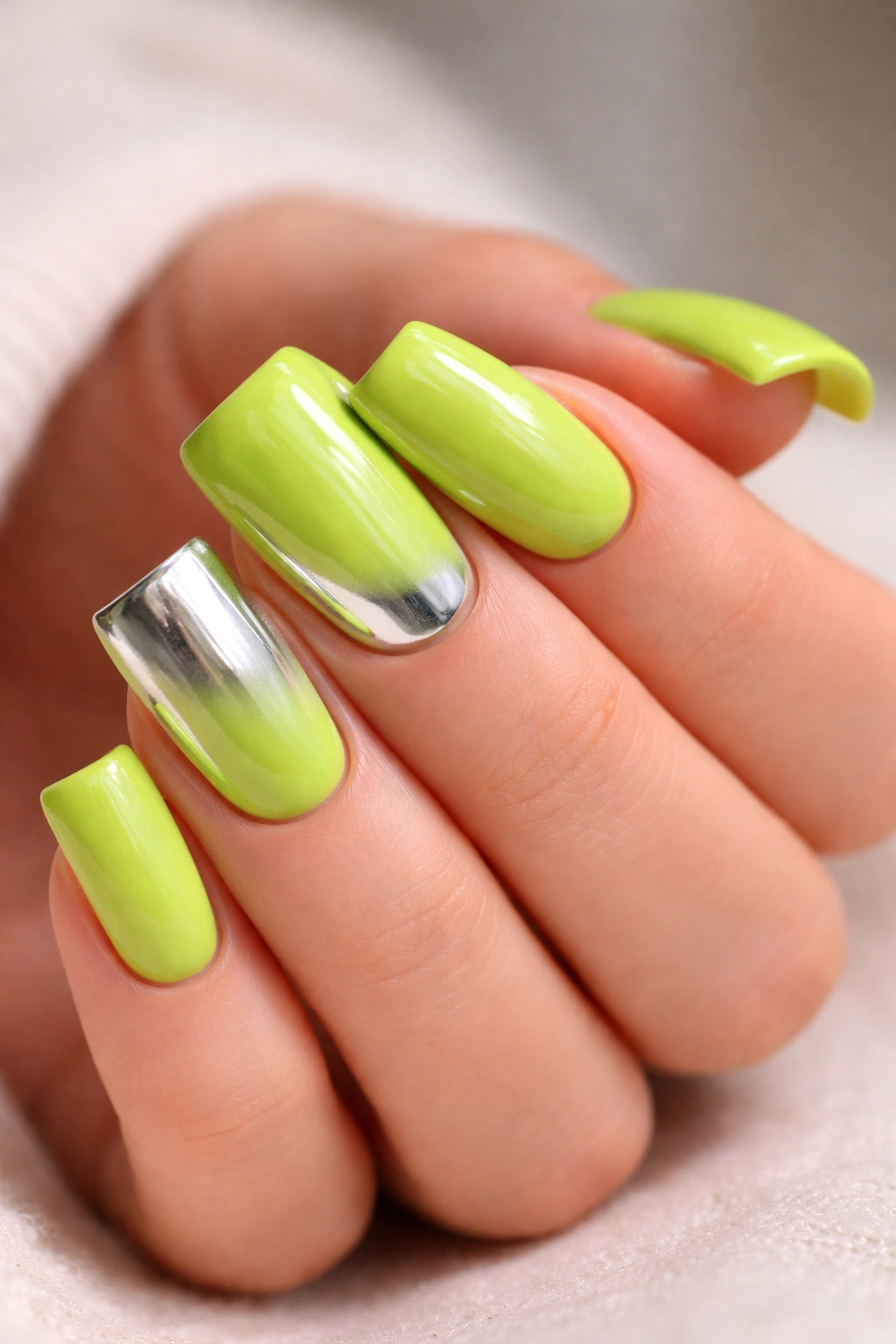 Close-up of lime green nails with chrome accents on short nails