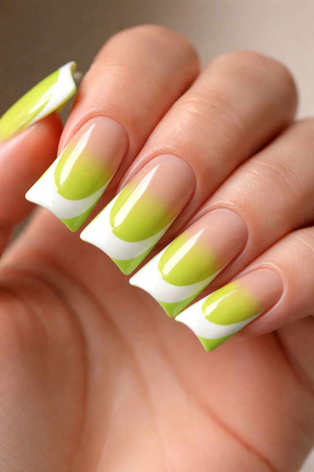 Lime green duck nails with curved white tips along nail curve