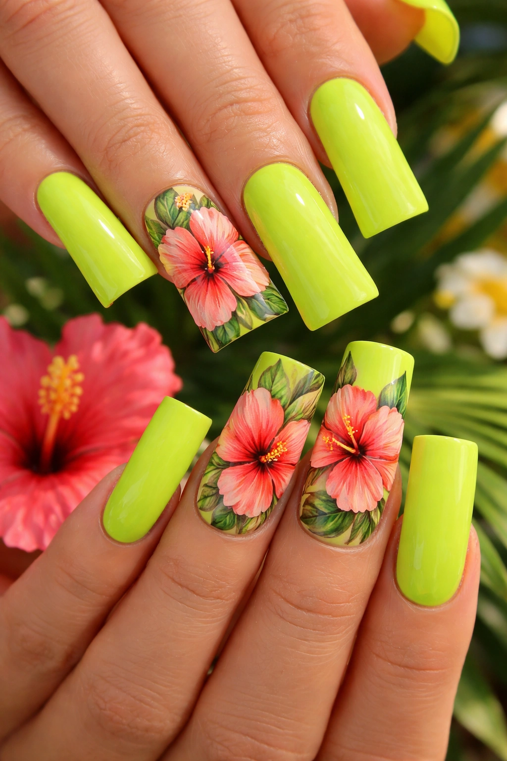 Lime green duck nails with hibiscus accents