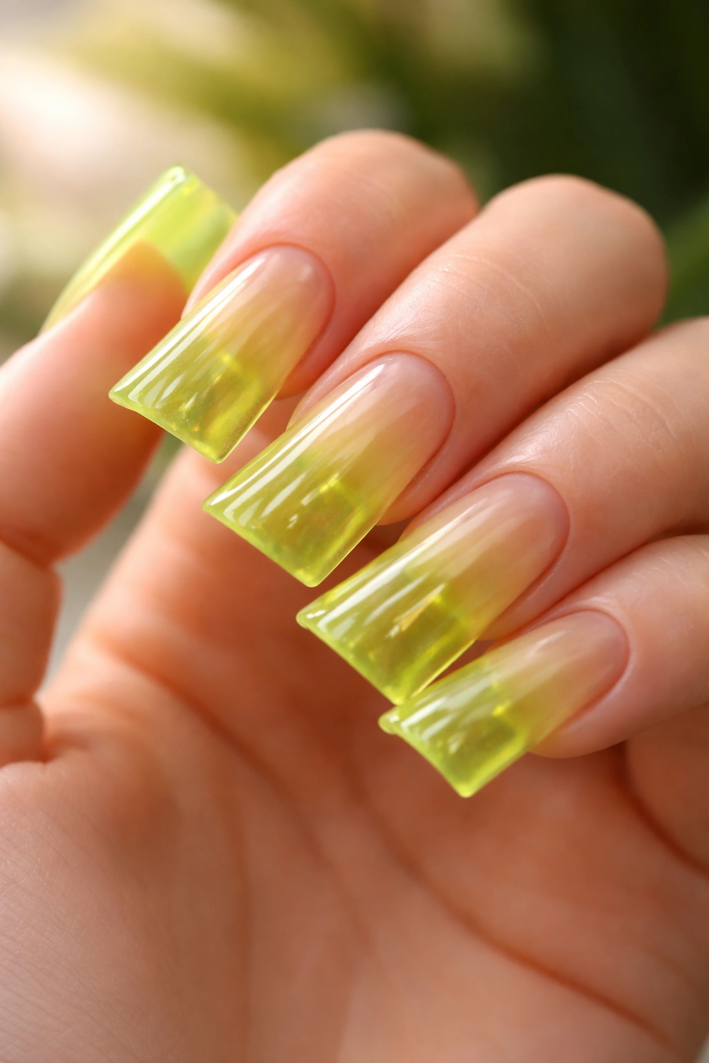 Close-up of lime green jelly duck nails showing translucent depth.