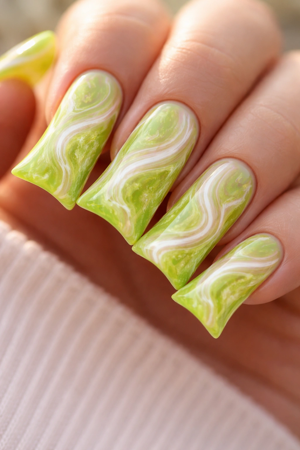 Close-up of lime green marble duck nails with white and pink veining.