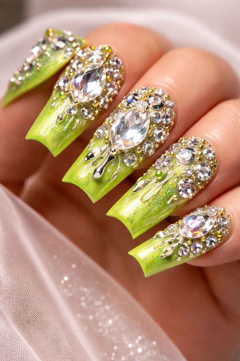 Close-up of lime green duck nails with 3D rhinestones on curved tips