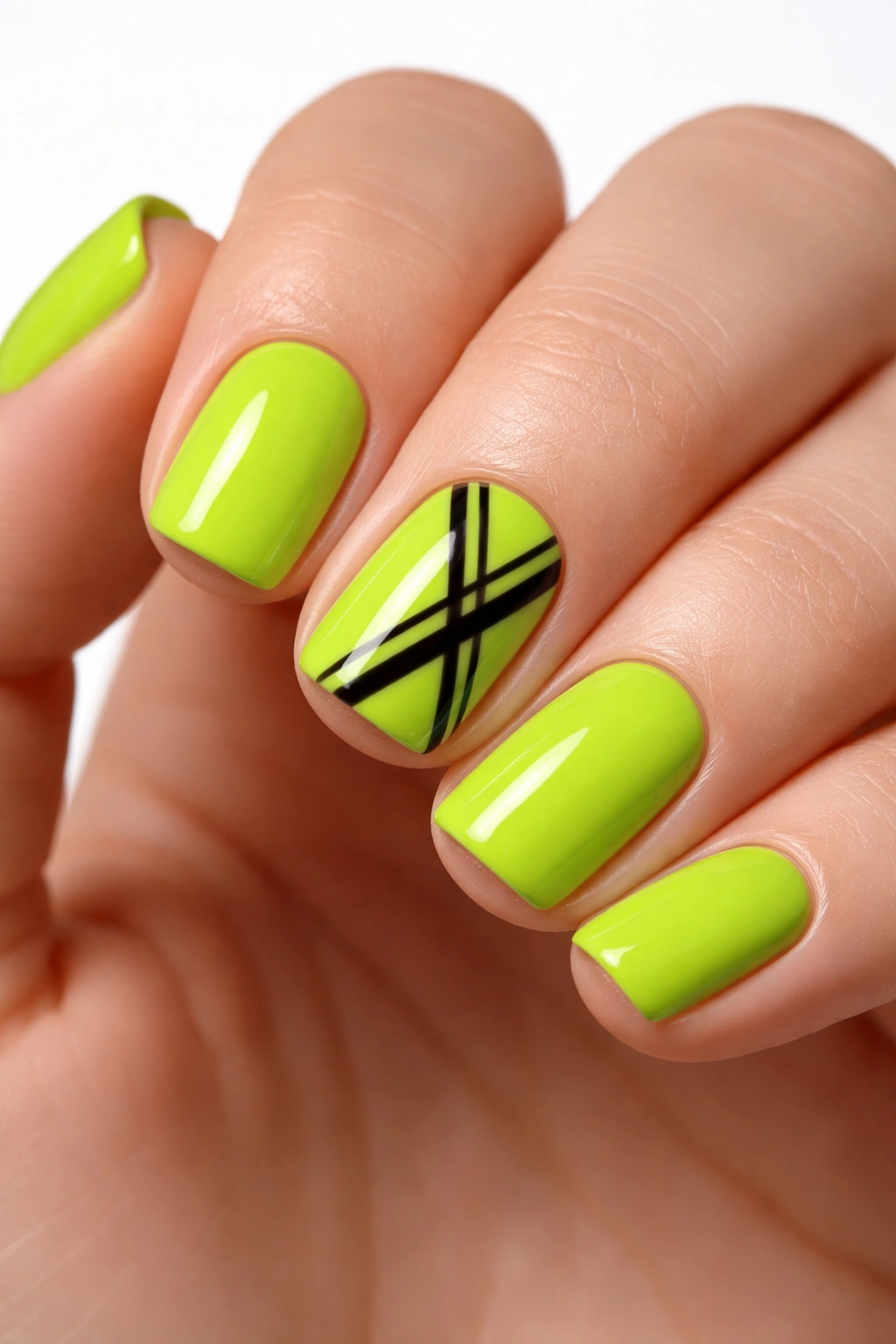 Close-up of lime green nails with black geometric lines