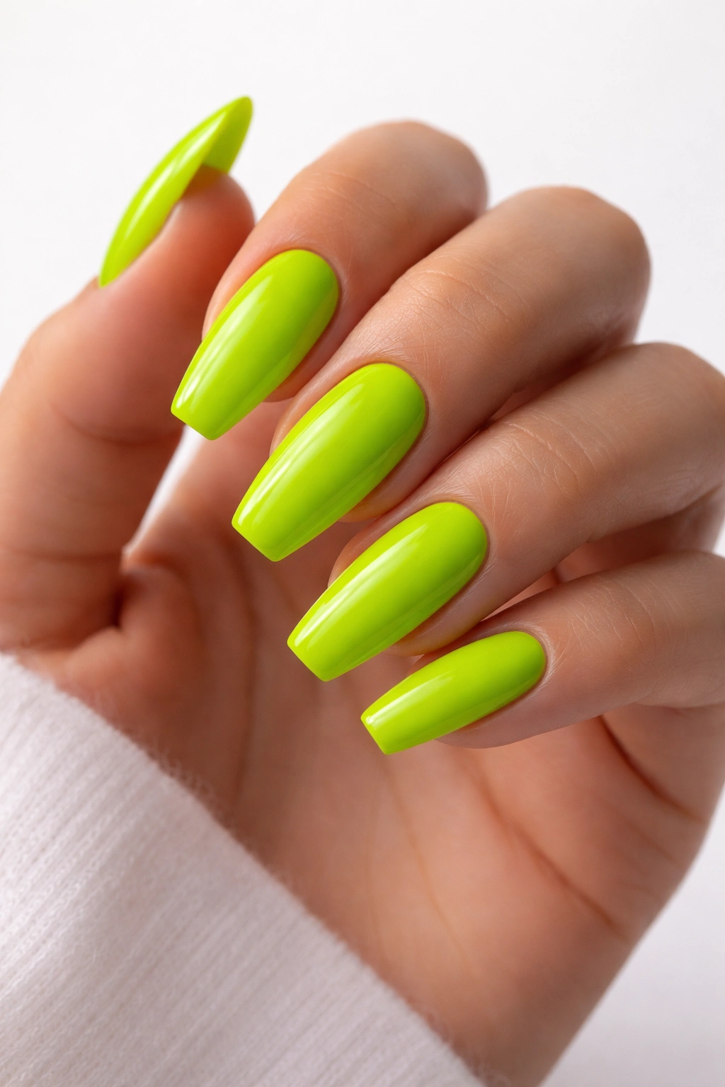 Close-up of a hand with medium coffin nails in electric lime green against white background