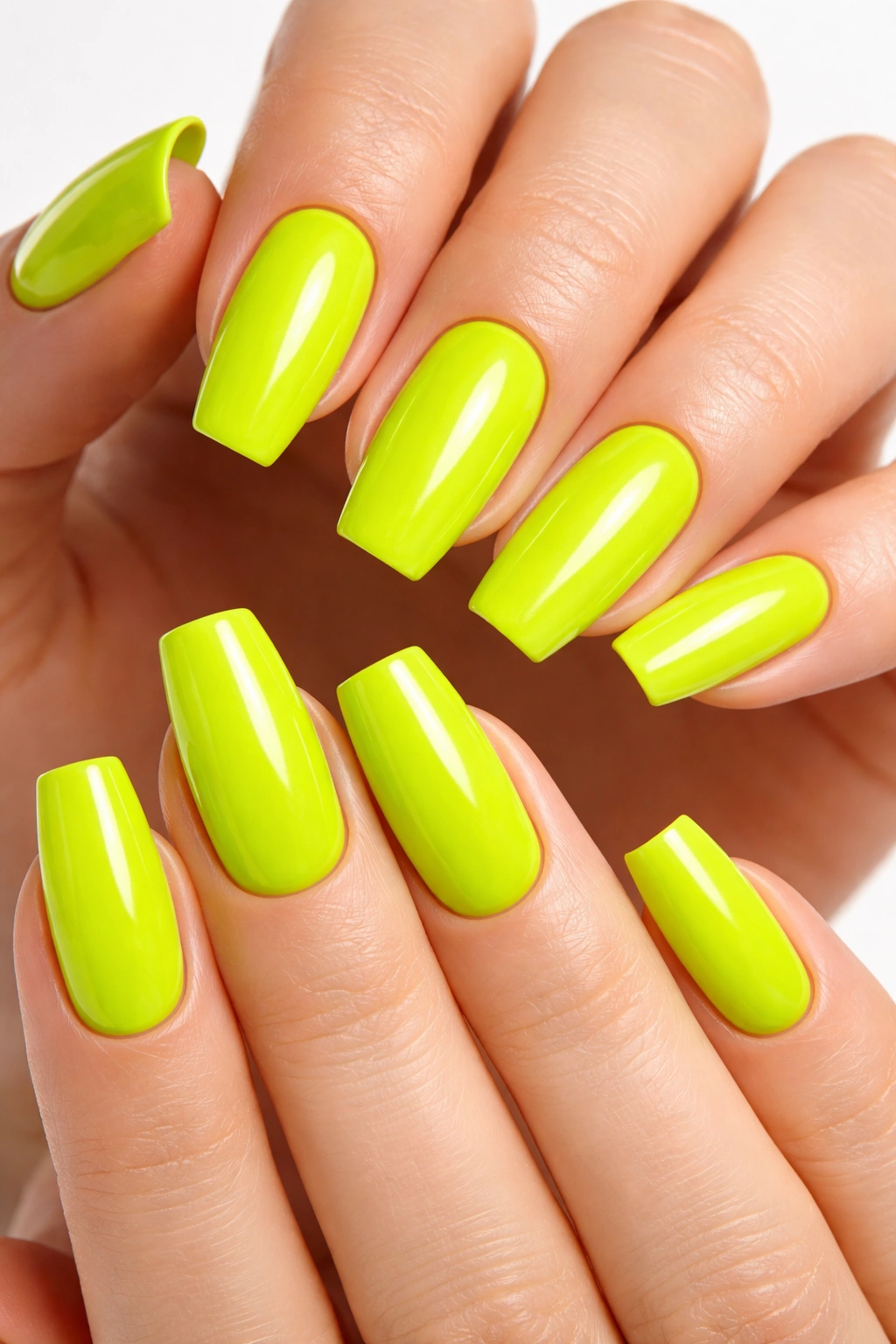 Close-up of lime green dip powder nails on hands with glossy finish