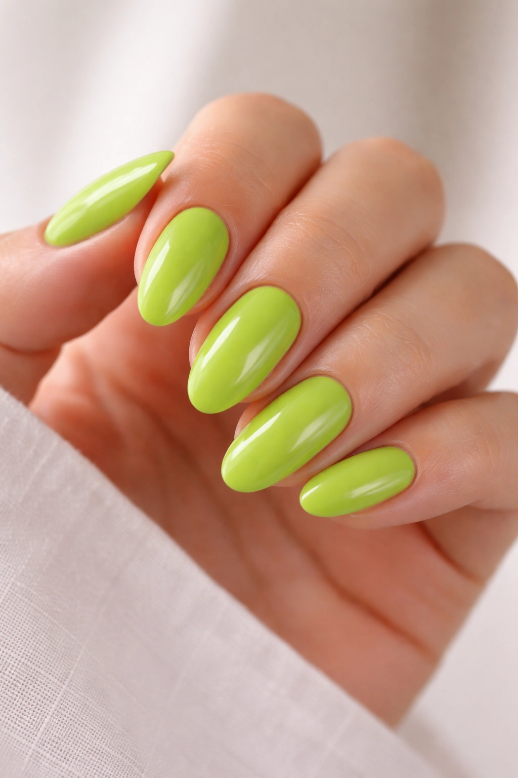 Close-up of lime green nails on a short almond shape with glossy finish