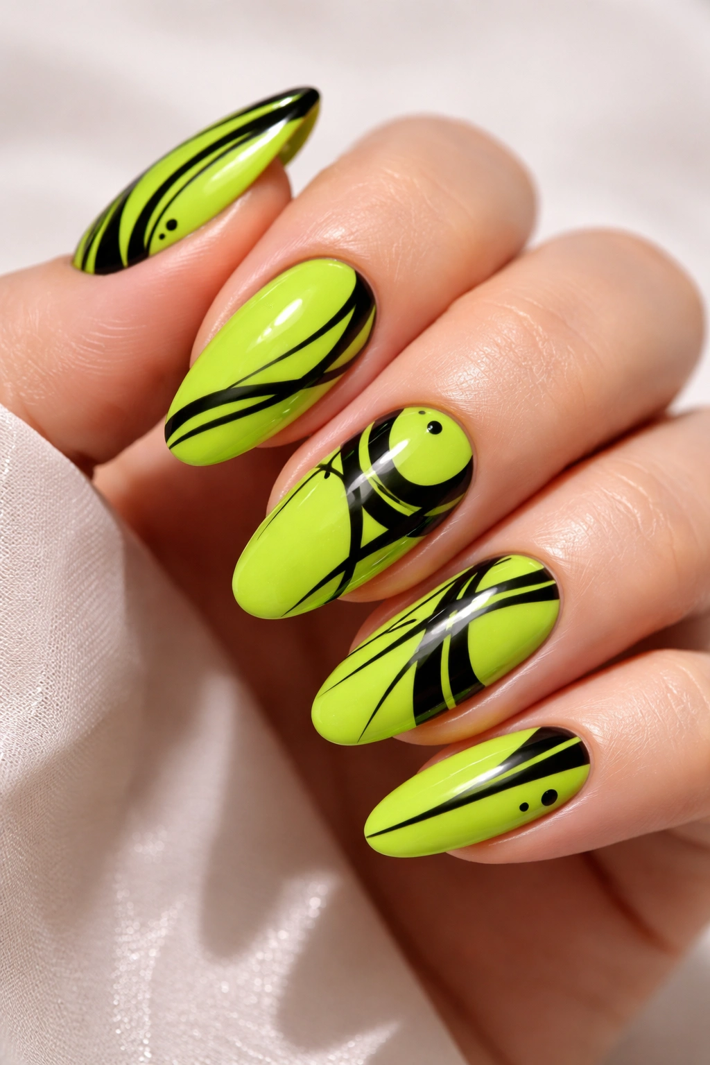 Close-up of lime green oval nails with black graphic elements